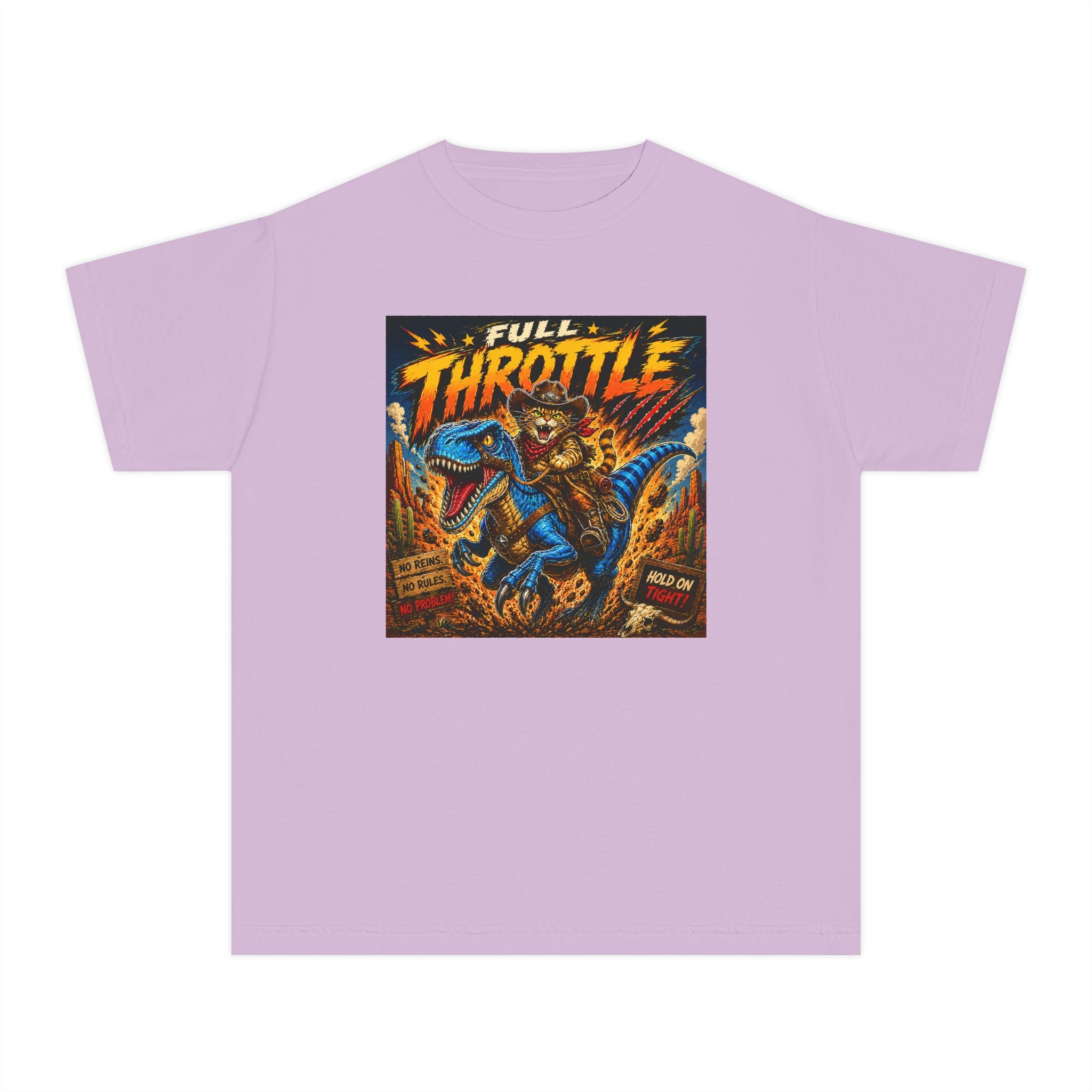 Full Throttle Kids Shirt | Cowboy Riding Dinosaur Tee | Retro Raptor Youth Shirt