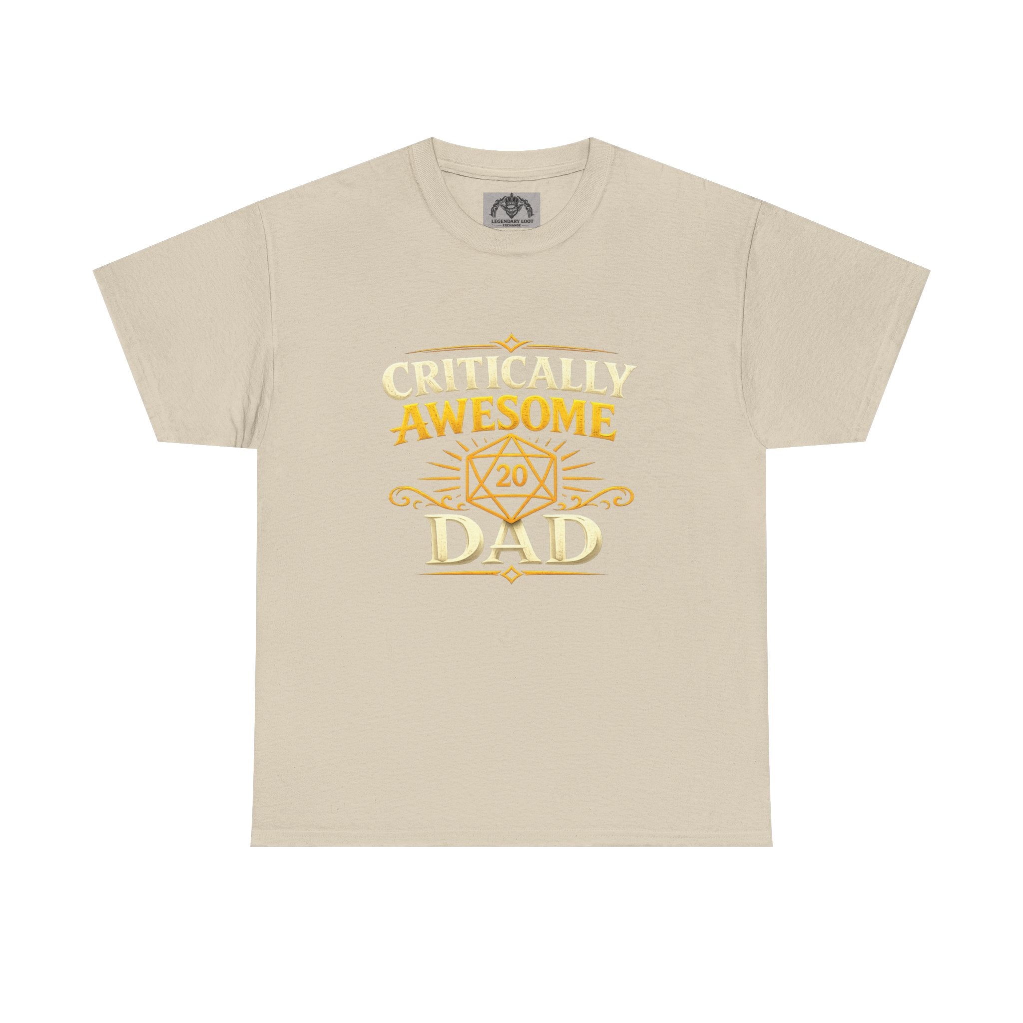 Critically Awesome Dad T‑Shirt – Gold D20 Gaming Father Tee (Father’s Day, Gamer Dad Gift)