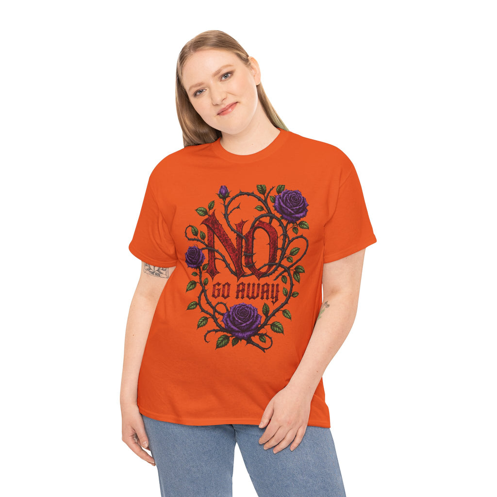 No Go Away T-Shirt | Gothic Purple Roses, Dark Floral Typography