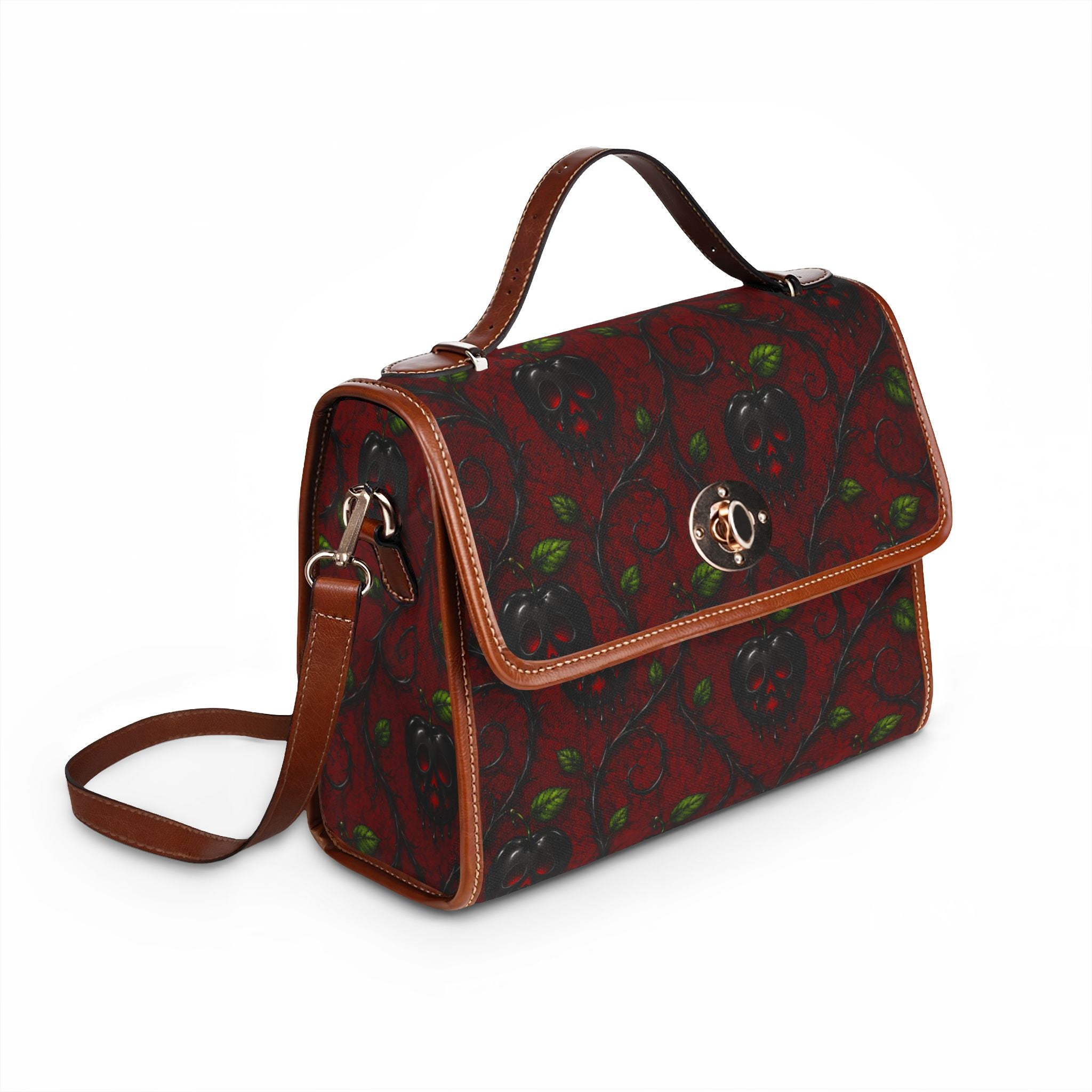 Dark Red Strawberry Vine Waterproof Canvas Bag | Vintage Floral Pattern