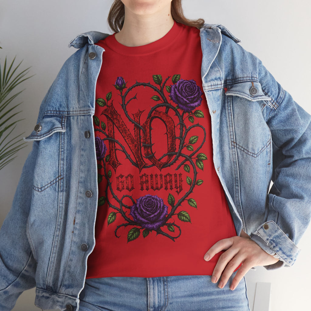No Go Away T-Shirt | Gothic Purple Roses, Dark Floral Typography