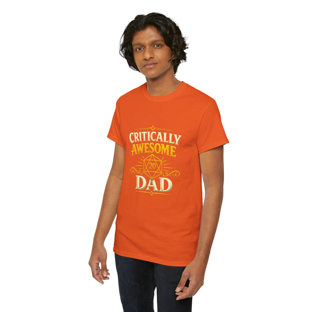 Critically Awesome Dad T‑Shirt – Gold D20 Gaming Father Tee (Father’s Day, Gamer Dad Gift)