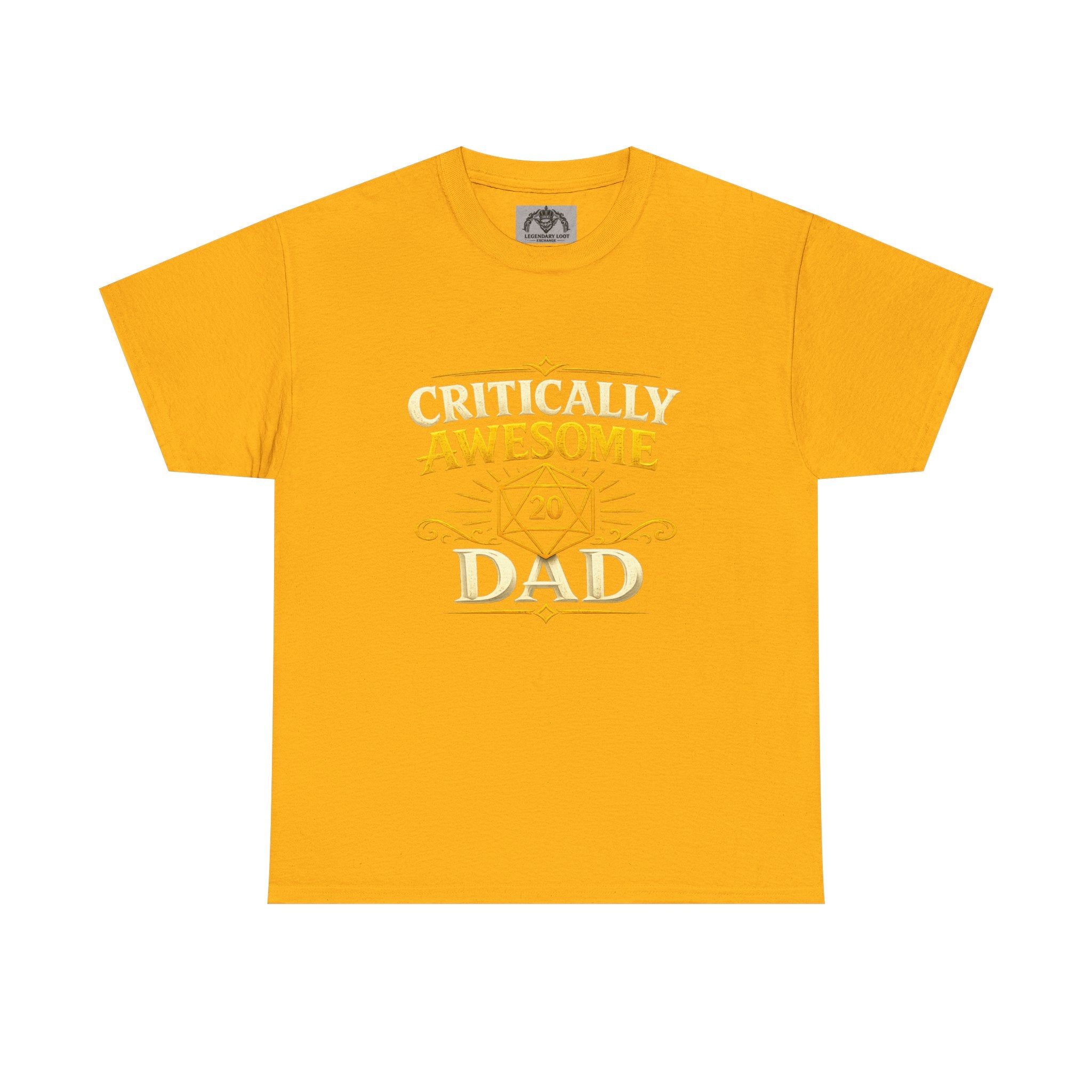 Critically Awesome Dad T‑Shirt – Gold D20 Gaming Father Tee (Father’s Day, Gamer Dad Gift)