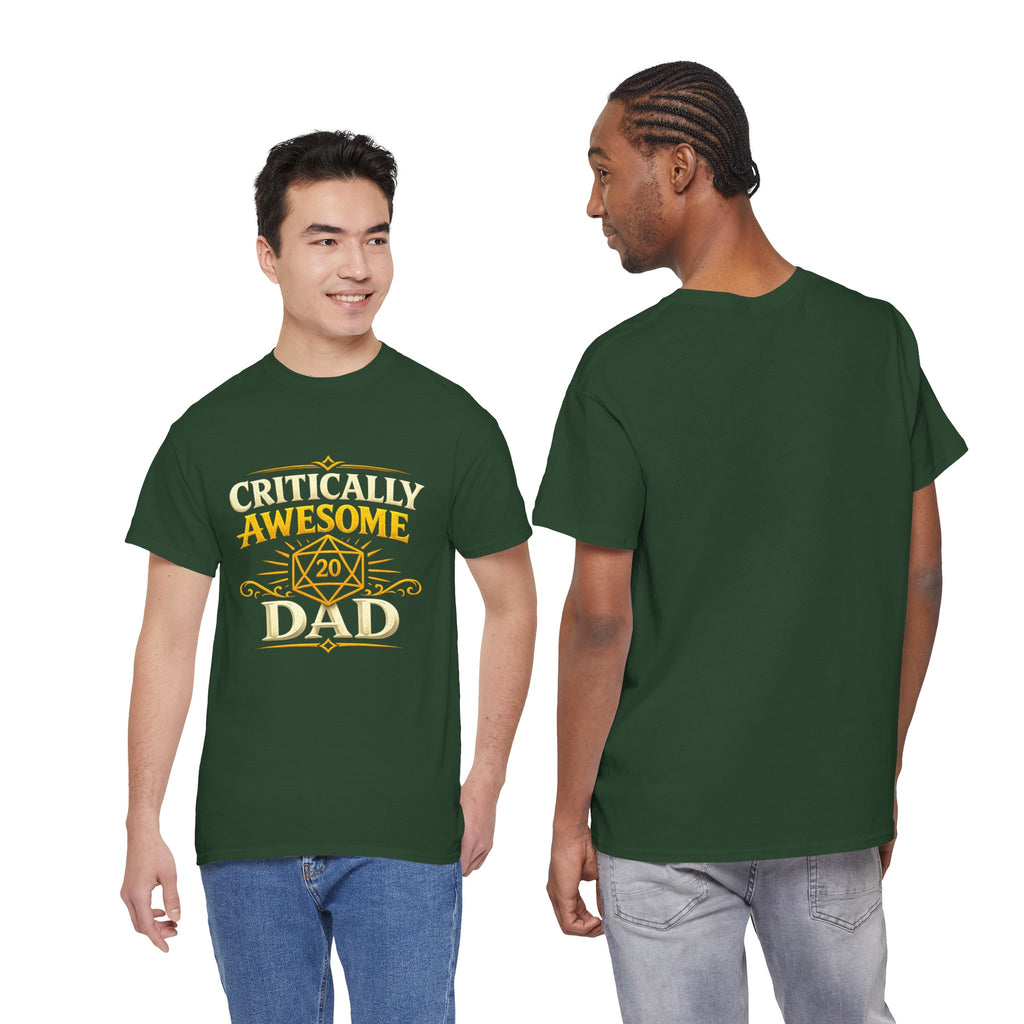 Critically Awesome Dad T‑Shirt – Gold D20 Gaming Father Tee (Father’s Day, Gamer Dad Gift)