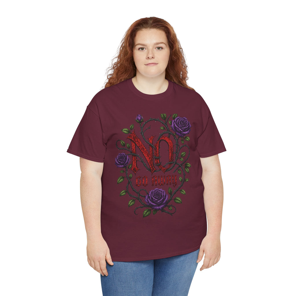 No Go Away T-Shirt | Gothic Purple Roses, Dark Floral Typography