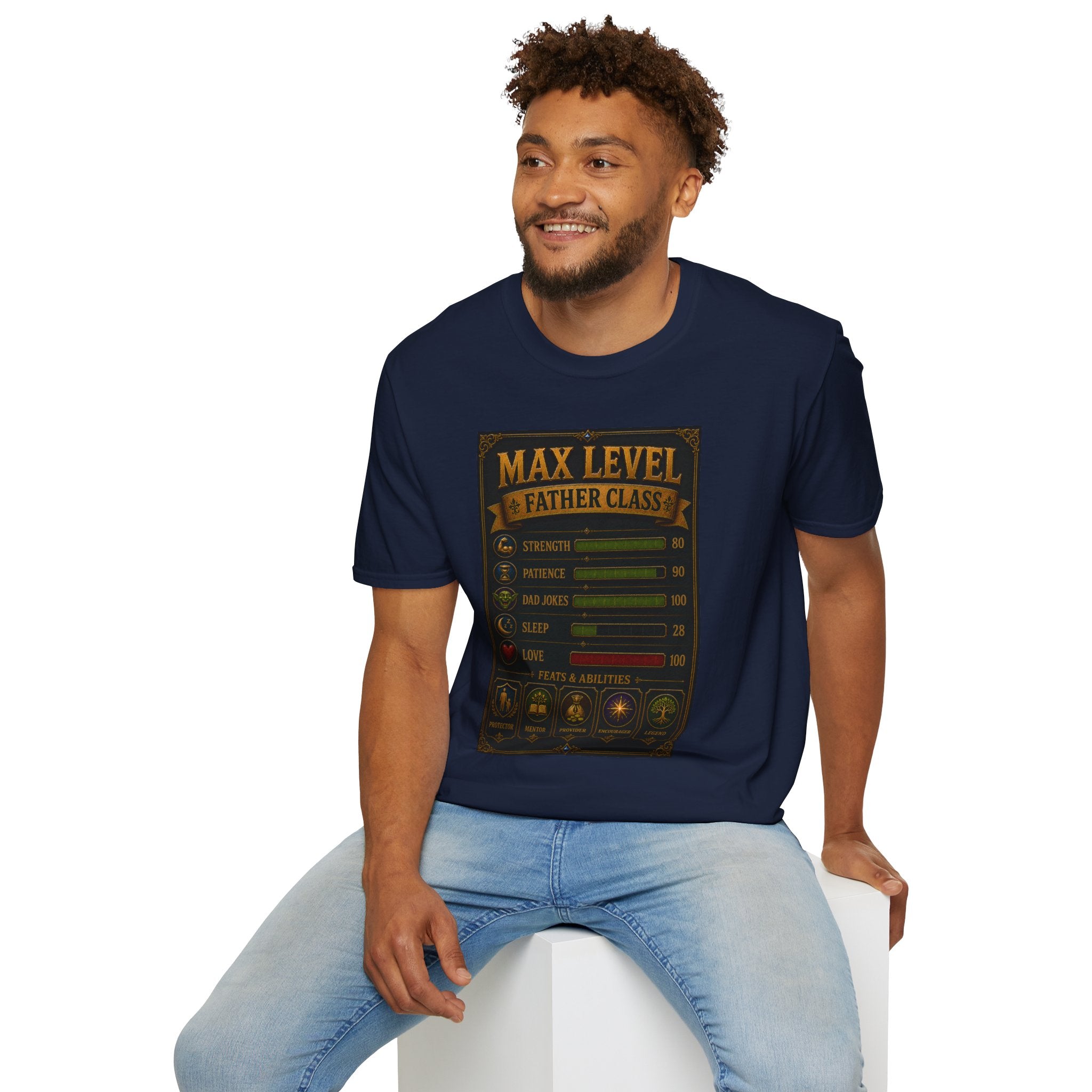 T-Shirt — "Max Level Father Class" Funny Gamer Dad Shirt (Strength, Patience, Dad Jokes)