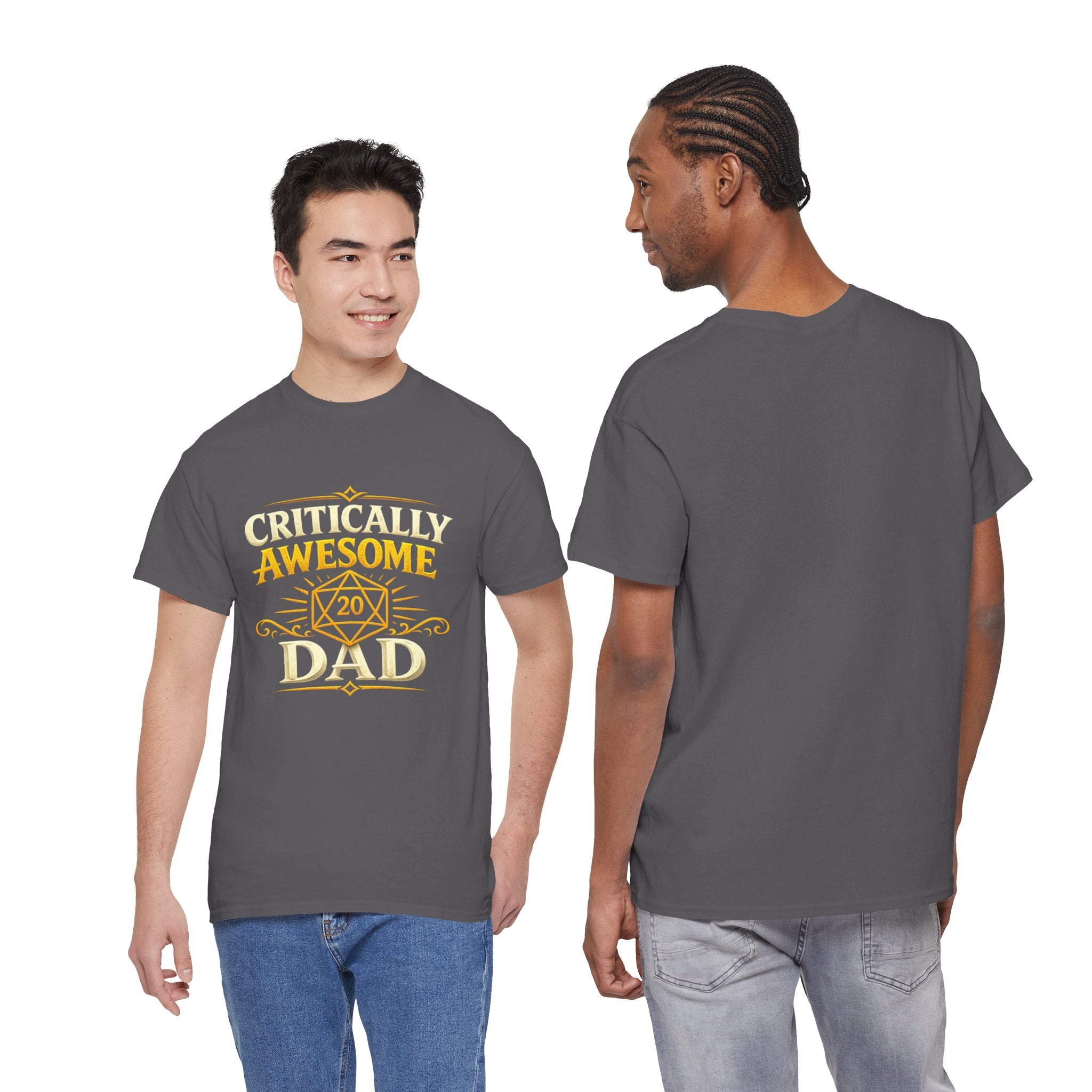 Critically Awesome Dad T‑Shirt – Gold D20 Gaming Father Tee (Father’s Day, Gamer Dad Gift)