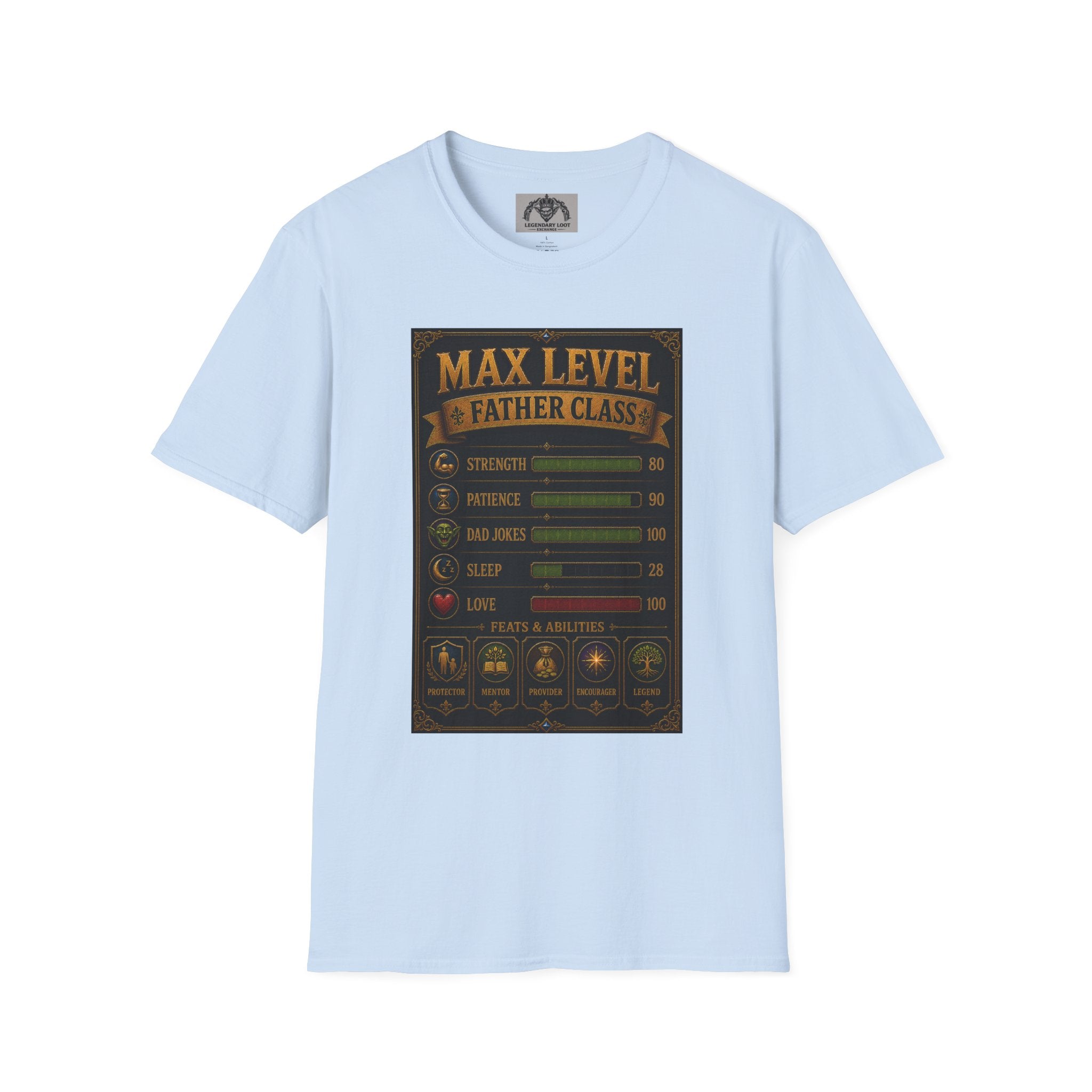 T-Shirt — "Max Level Father Class" Funny Gamer Dad Shirt (Strength, Patience, Dad Jokes)