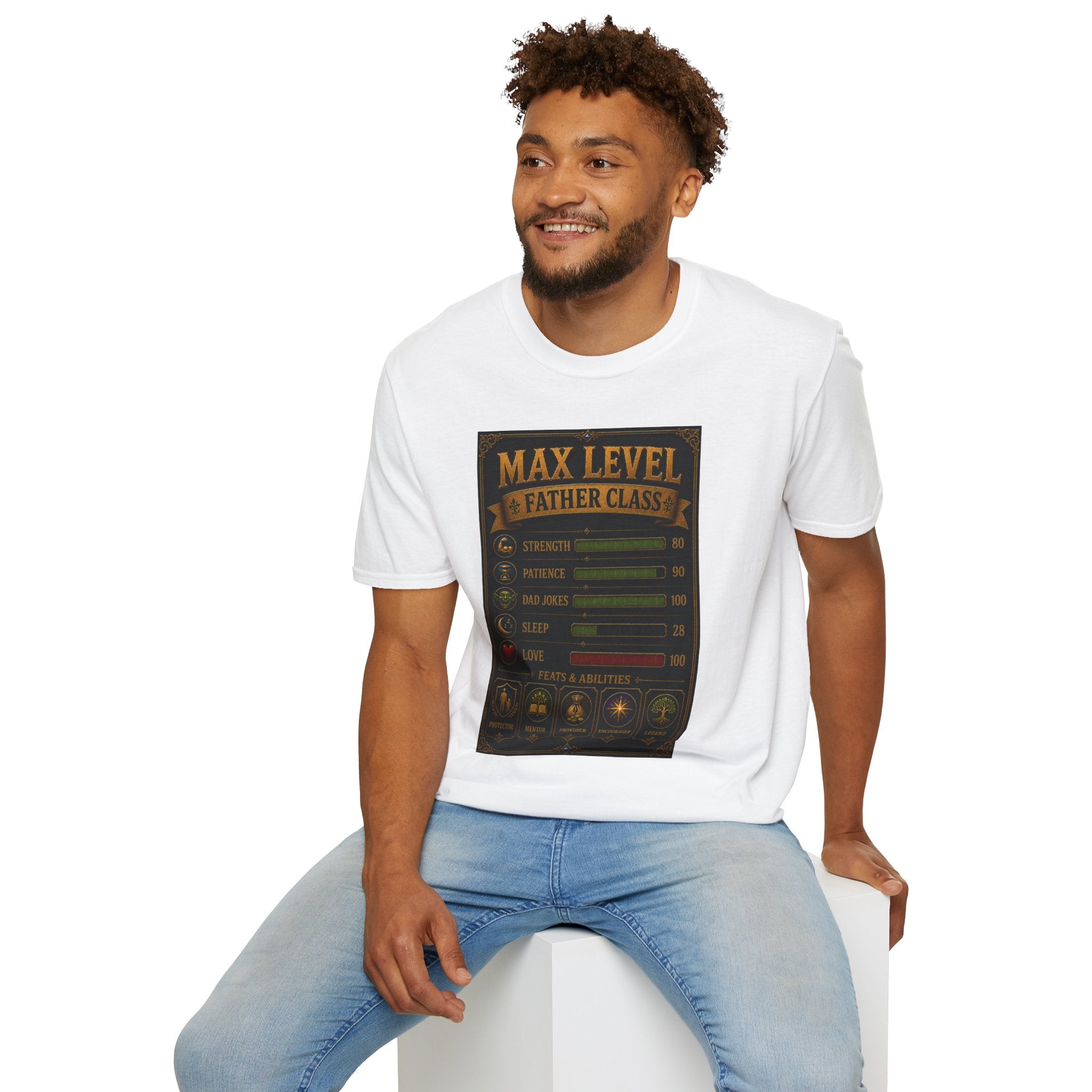 T-Shirt — "Max Level Father Class" Funny Gamer Dad Shirt (Strength, Patience, Dad Jokes)