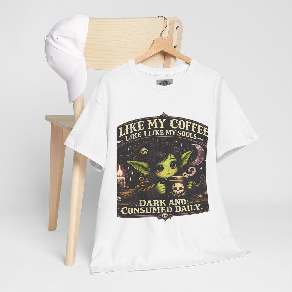 Like My Coffee Tee — "Like My Coffee Like I Like My Souls: Dark and Consumed Daily" Gothic Graphic T-Shirt