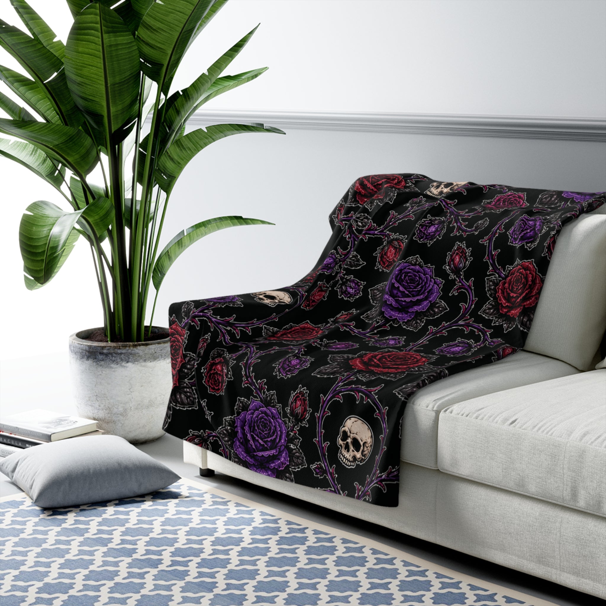 Gothic Skull and Roses Sherpa Blanket | Dark Floral Skull Throw
