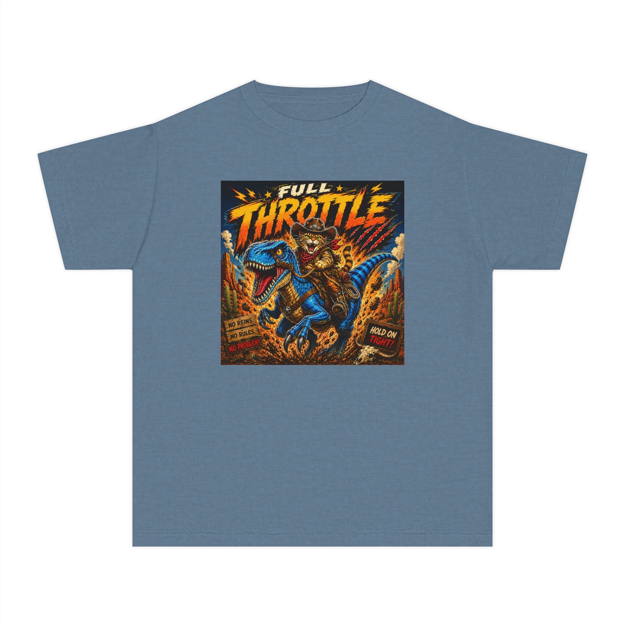 Full Throttle Kids Shirt | Cowboy Riding Dinosaur Tee | Retro Raptor Youth Shirt