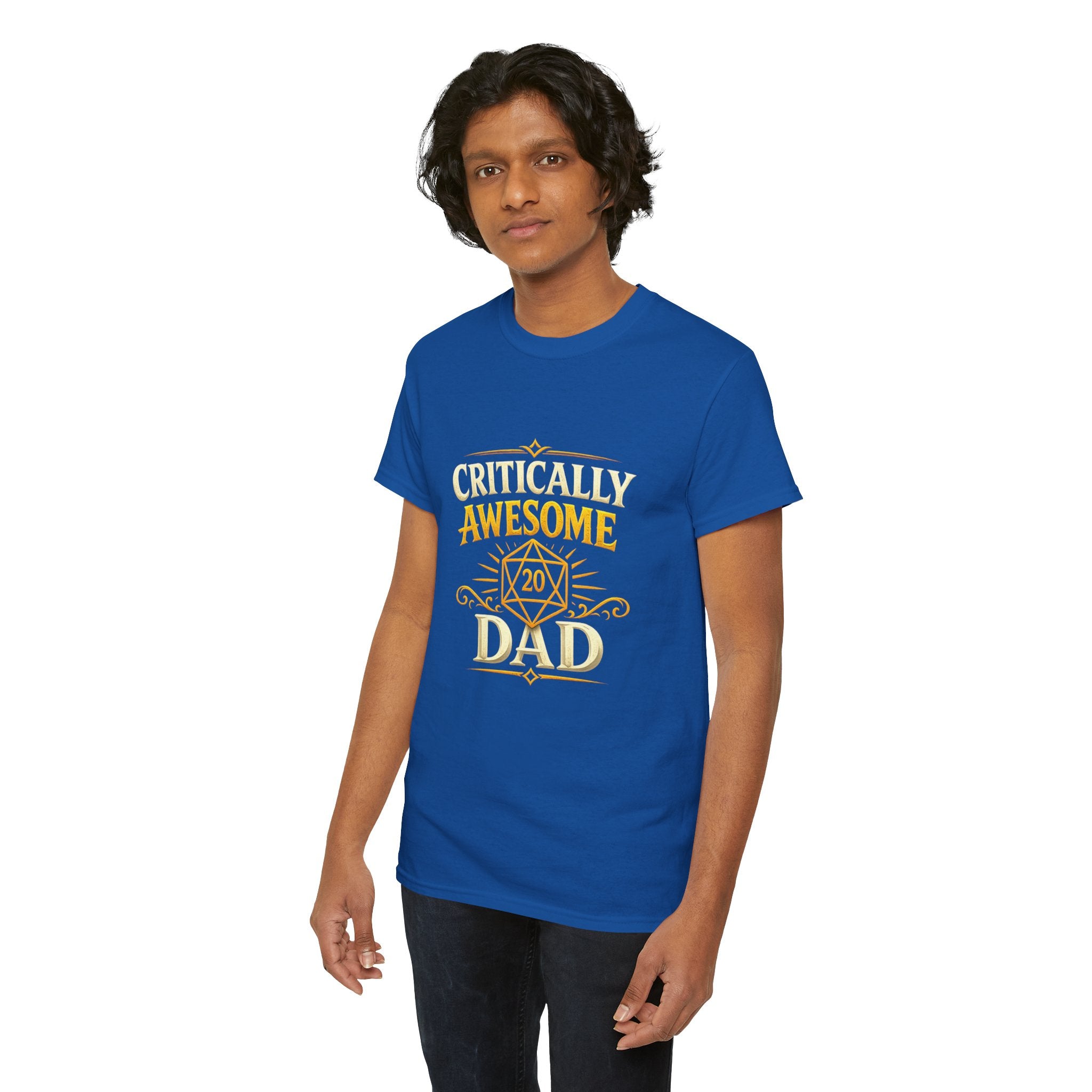 Critically Awesome Dad T‑Shirt – Gold D20 Gaming Father Tee (Father’s Day, Gamer Dad Gift)