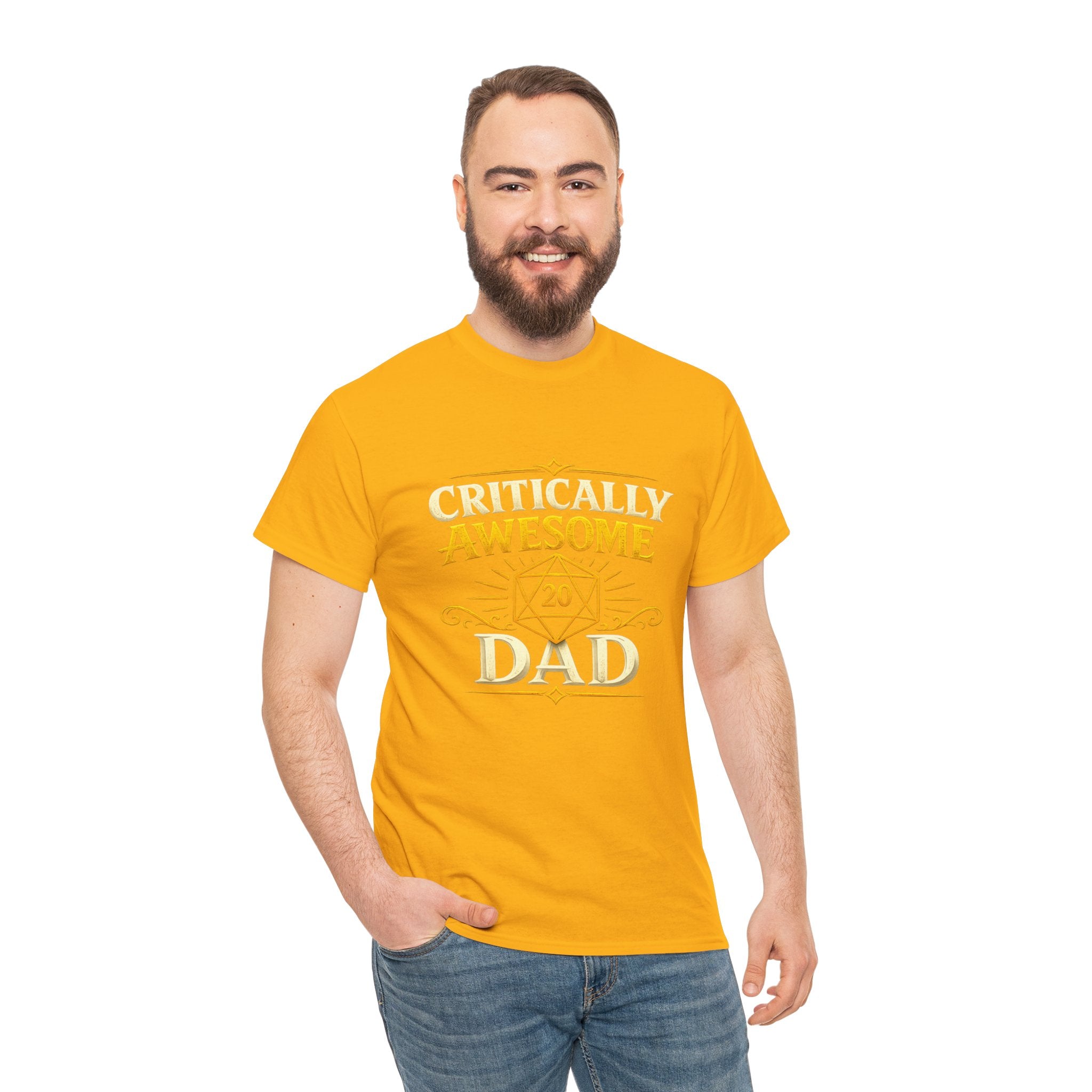 Critically Awesome Dad T‑Shirt – Gold D20 Gaming Father Tee (Father’s Day, Gamer Dad Gift)