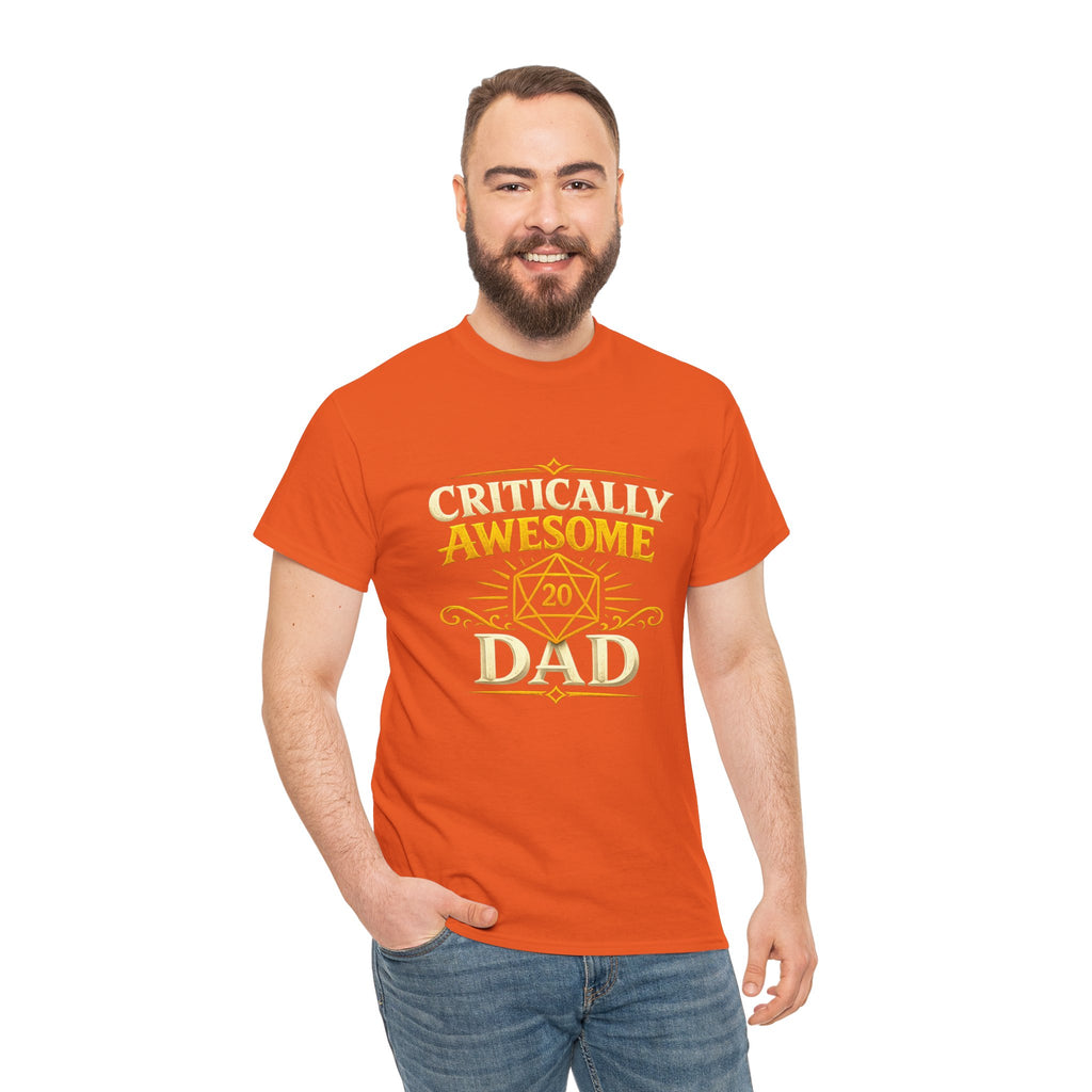 Critically Awesome Dad T‑Shirt – Gold D20 Gaming Father Tee (Father’s Day, Gamer Dad Gift)