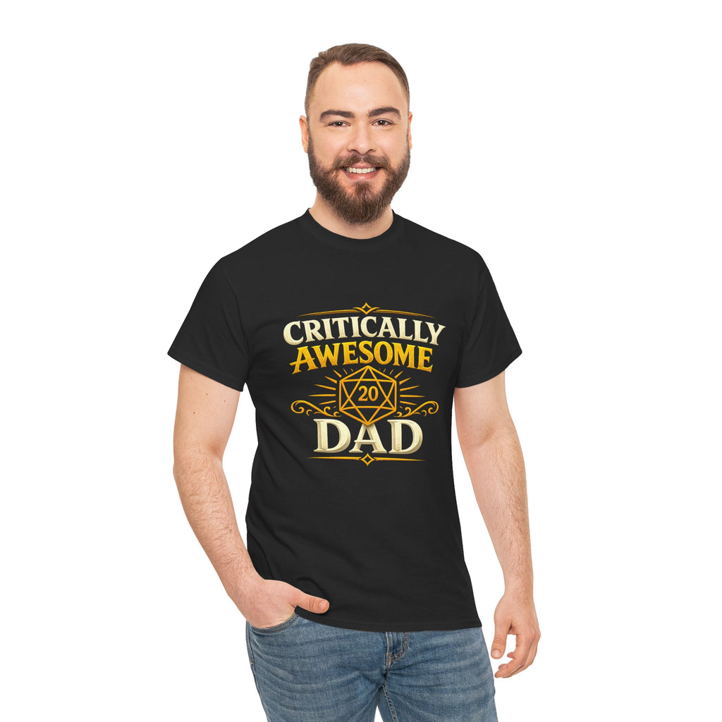 Critically Awesome Dad T‑Shirt – Gold D20 Gaming Father Tee (Father’s Day, Gamer Dad Gift)
