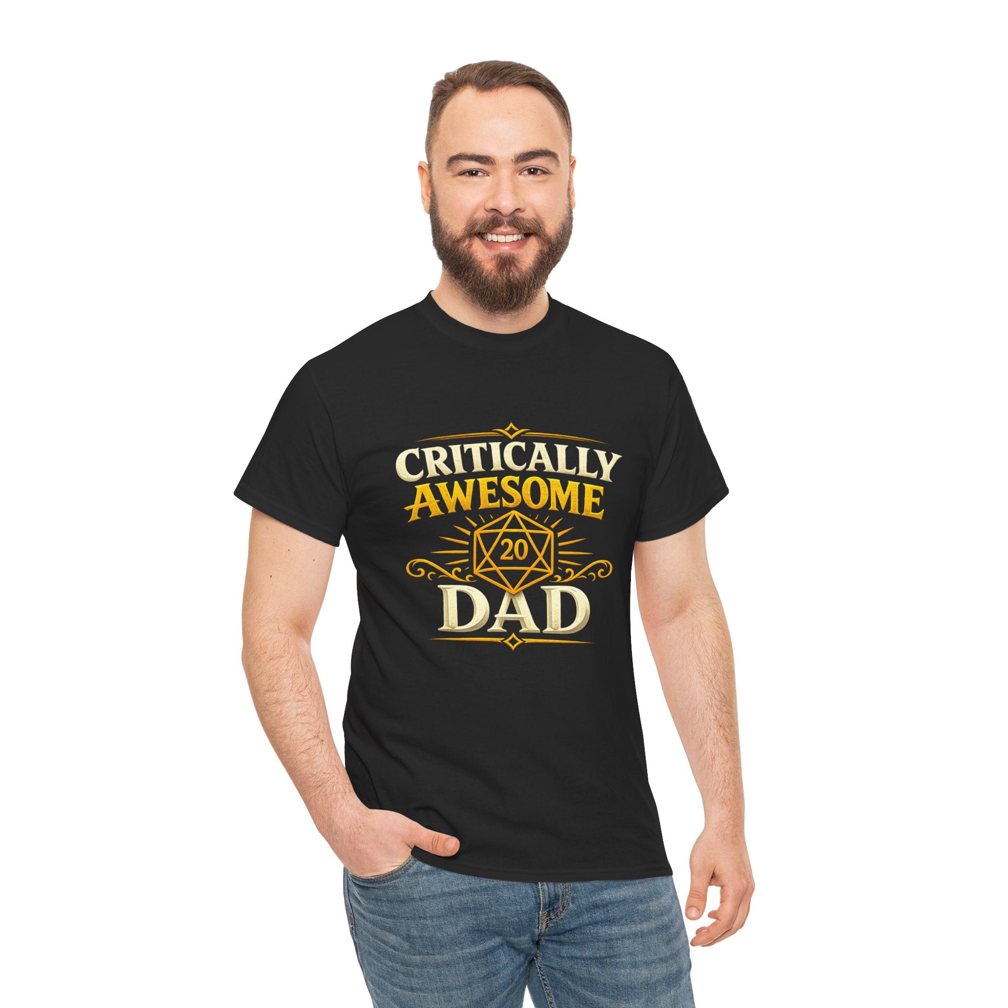 Critically Awesome Dad T‑Shirt – Gold D20 Gaming Father Tee (Father’s Day, Gamer Dad Gift)