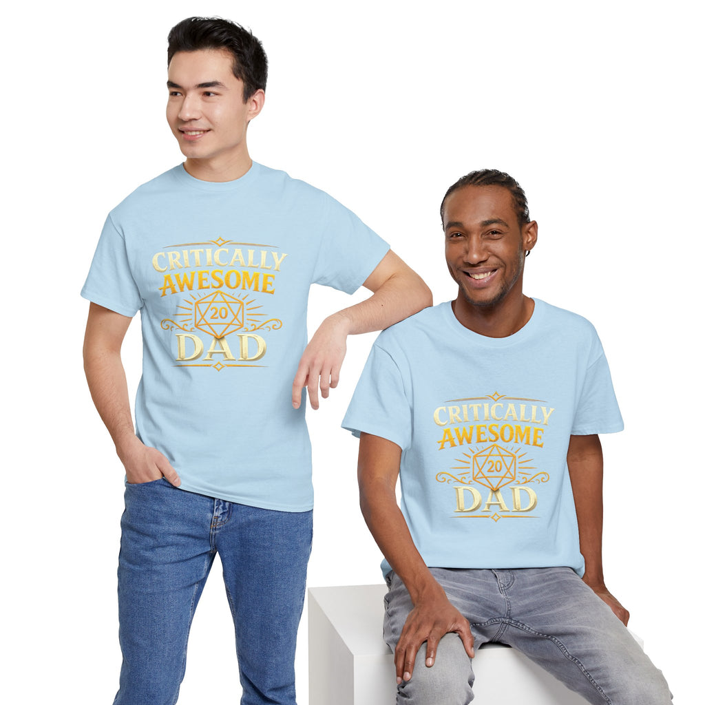 Critically Awesome Dad T‑Shirt – Gold D20 Gaming Father Tee (Father’s Day, Gamer Dad Gift)
