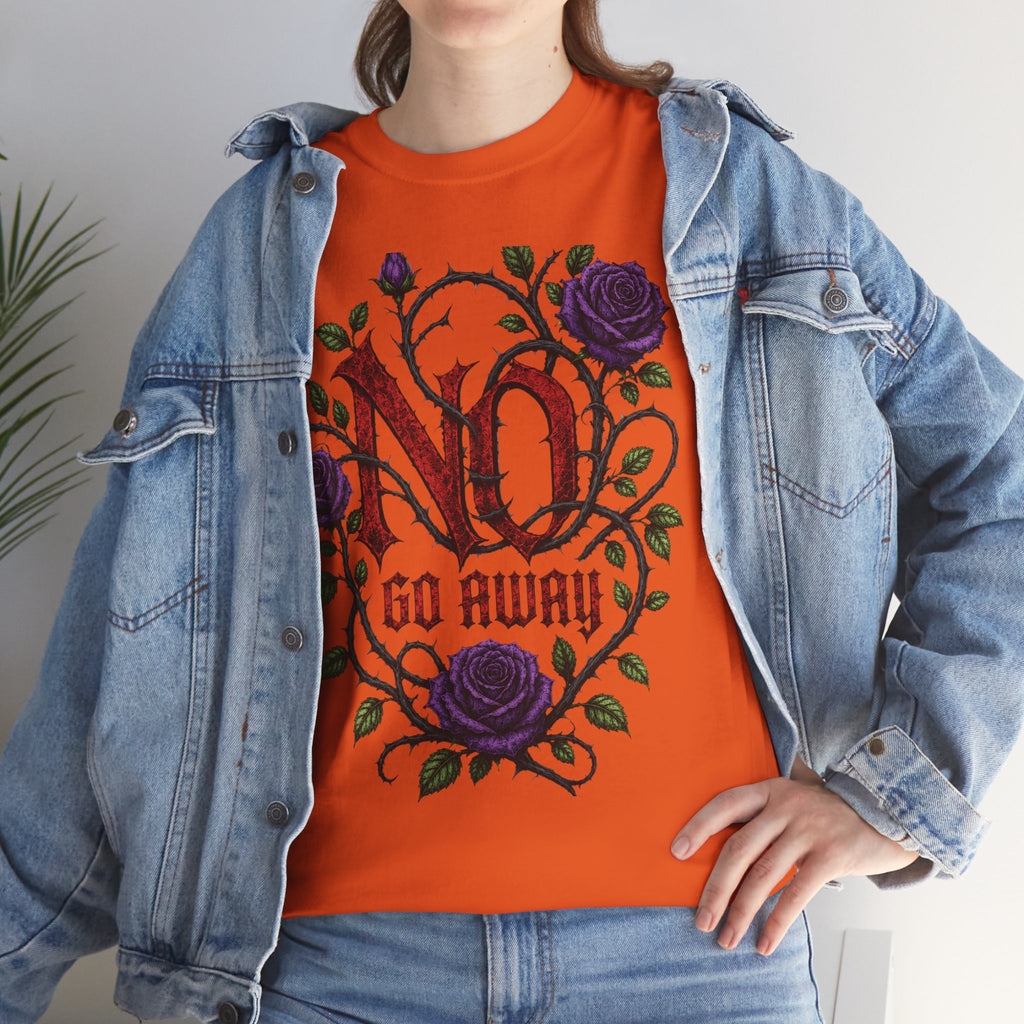 No Go Away T-Shirt | Gothic Purple Roses, Dark Floral Typography