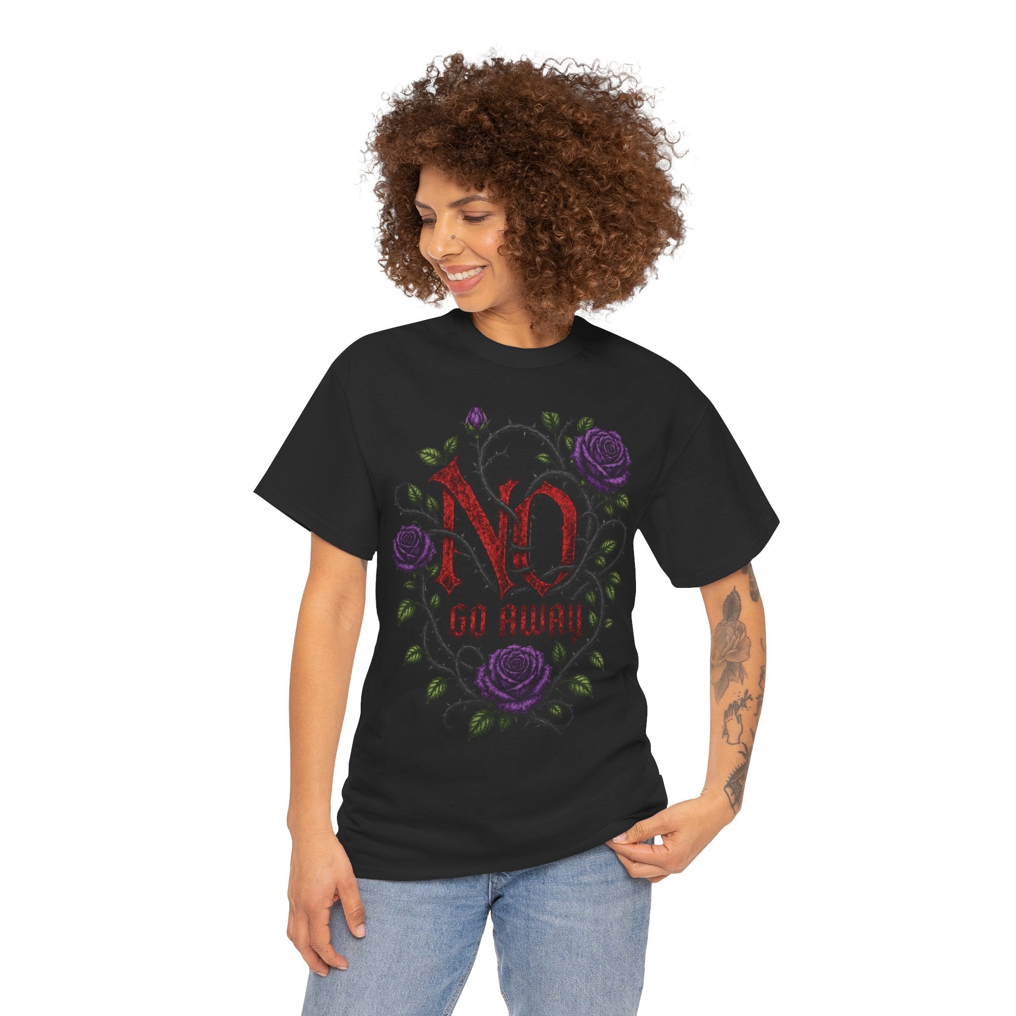 No Go Away T-Shirt | Gothic Purple Roses, Dark Floral Typography