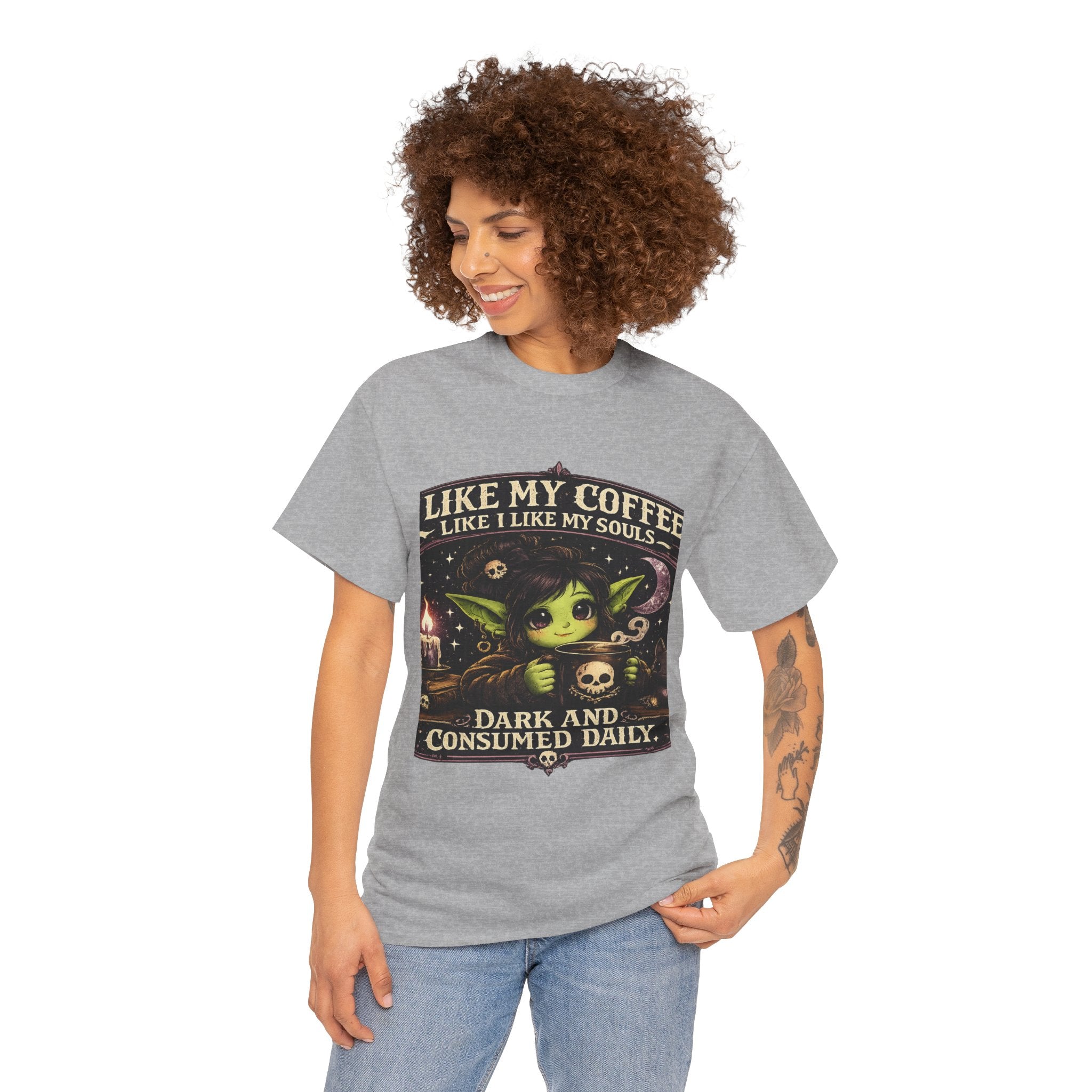 Like My Coffee Tee — "Like My Coffee Like I Like My Souls: Dark and Consumed Daily" Gothic Graphic T-Shirt