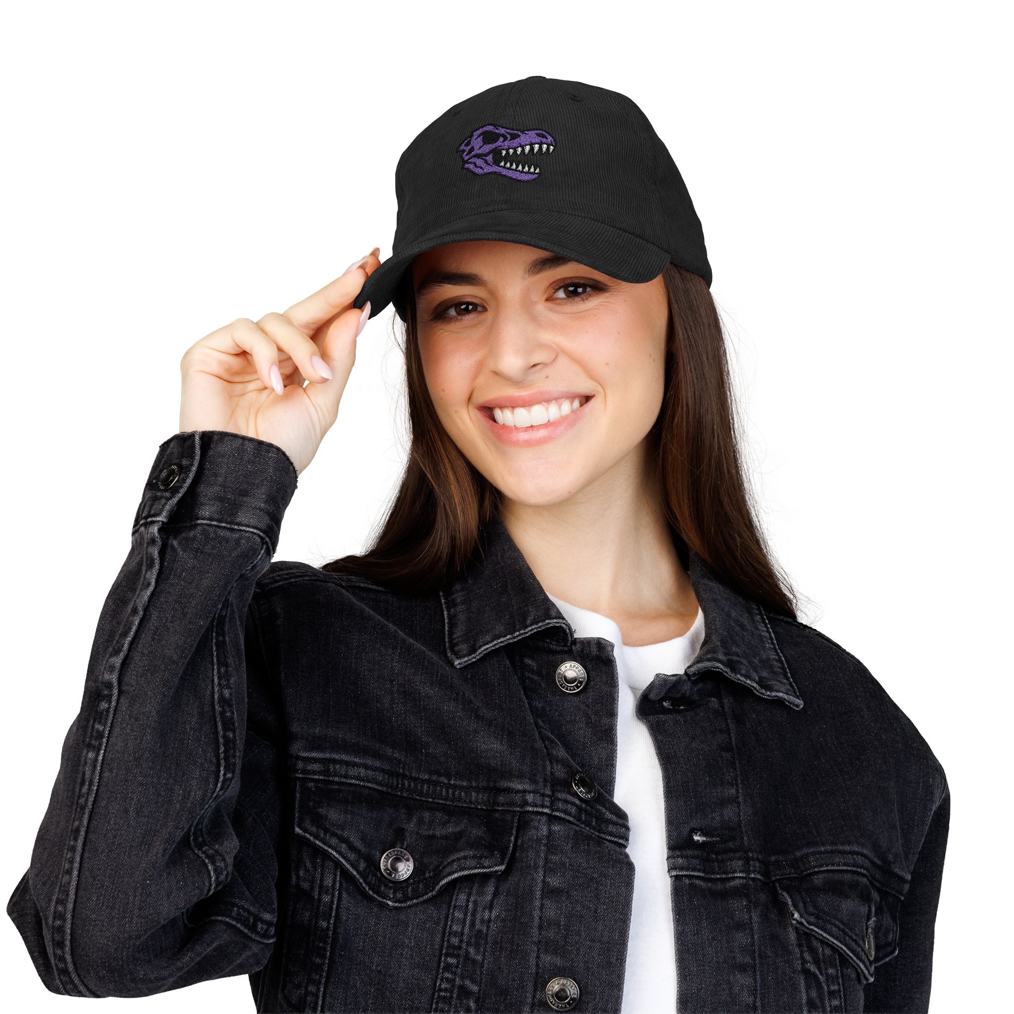 Vintage Corduroy Baseball Cap — Embroidered Purple Dino Skull