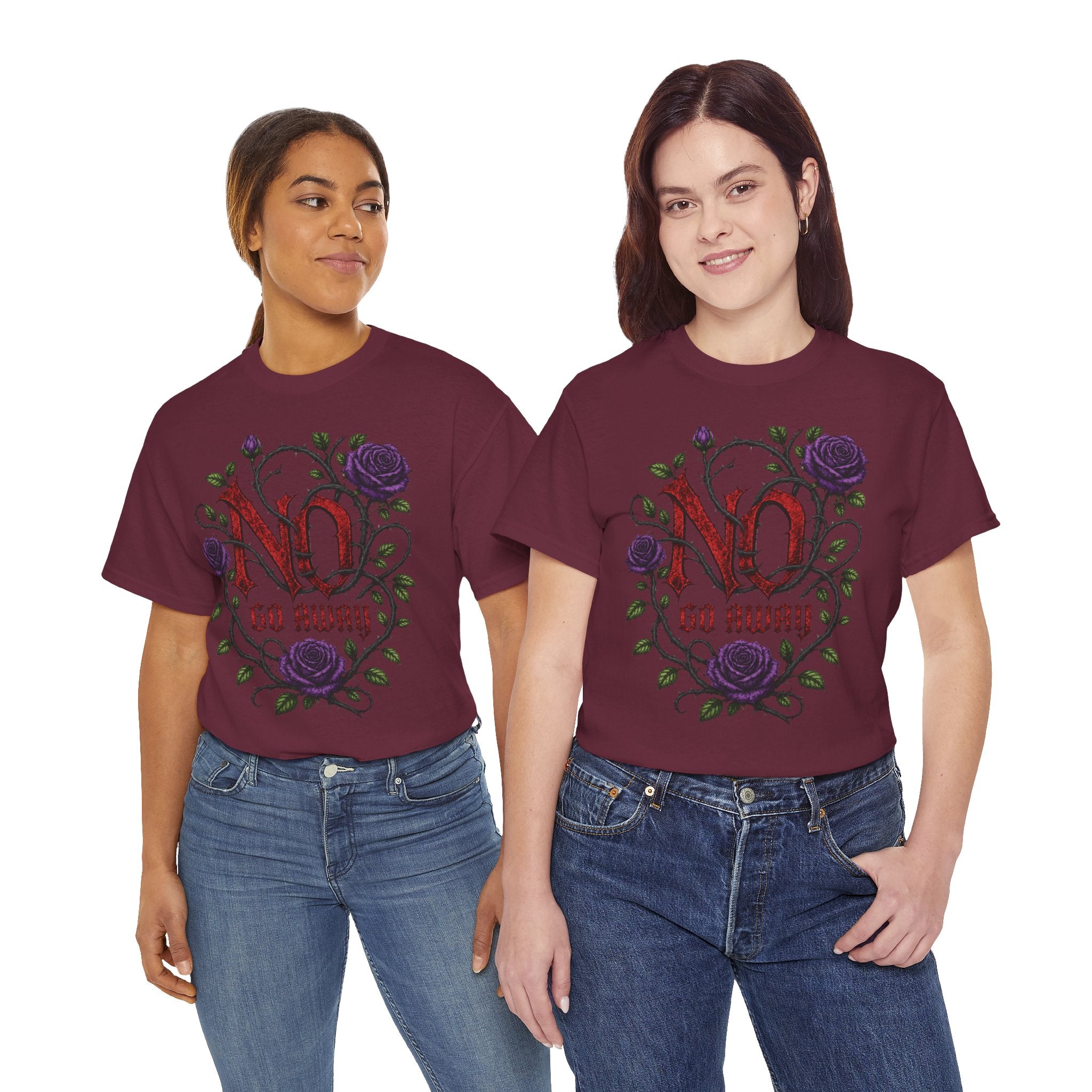 No Go Away T-Shirt | Gothic Purple Roses, Dark Floral Typography
