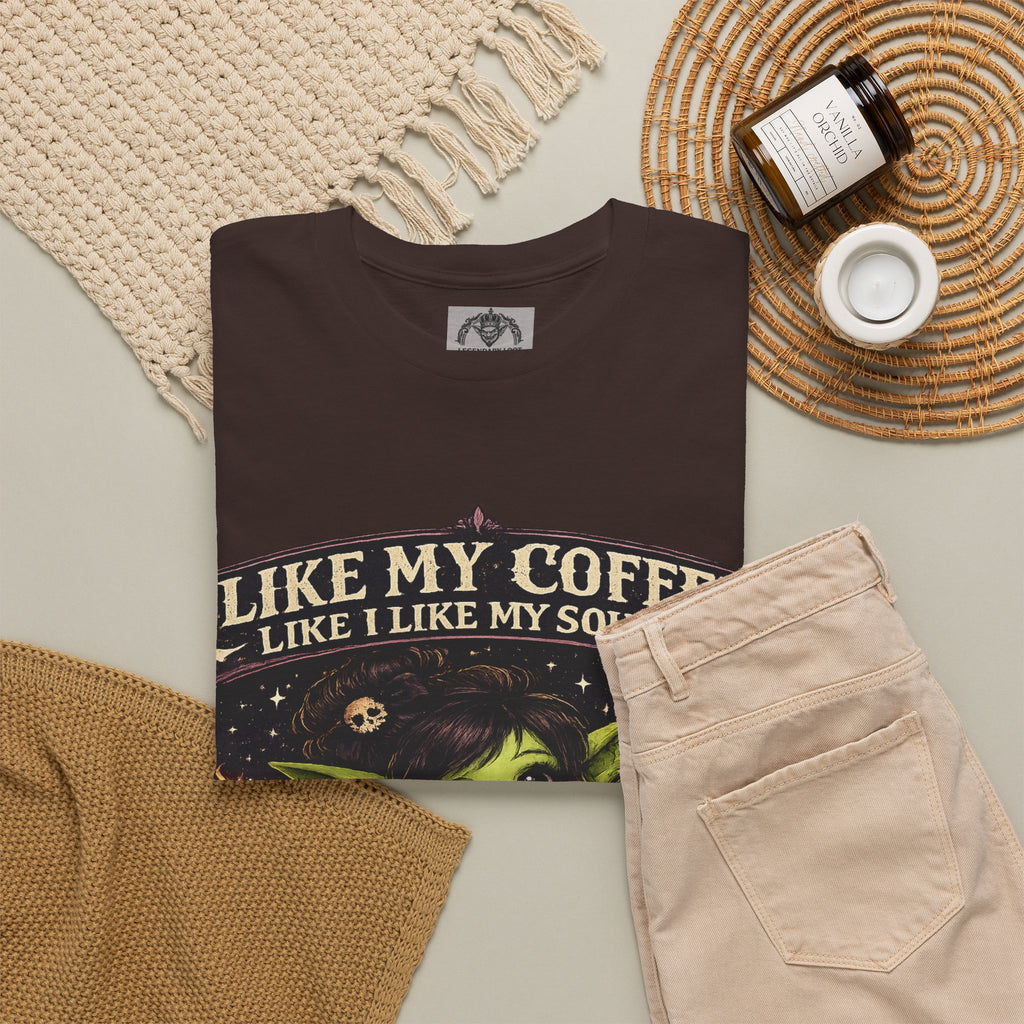 Like My Coffee Tee — "Like My Coffee Like I Like My Souls: Dark and Consumed Daily" Gothic Graphic T-Shirt