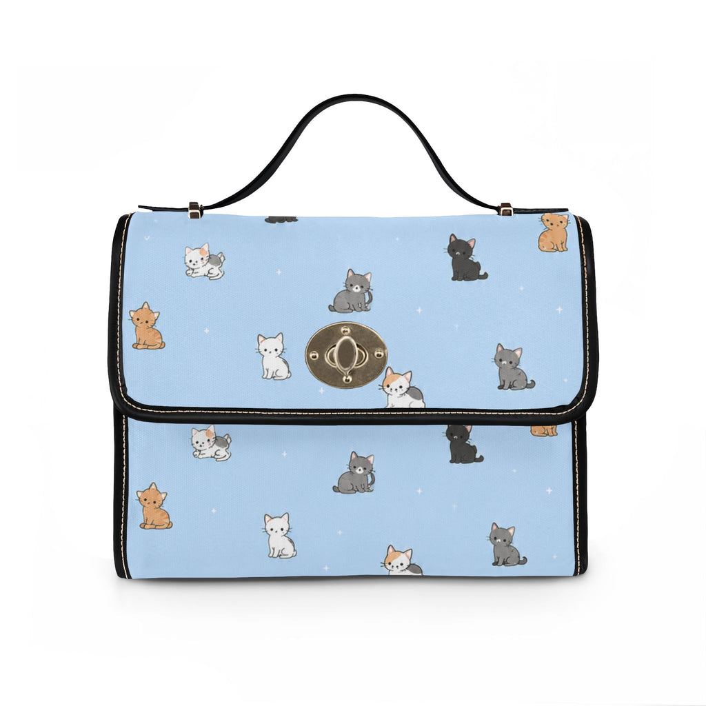 Cute Cat Pattern Waterproof Canvas Bag | Light Blue Cat Print Handbag