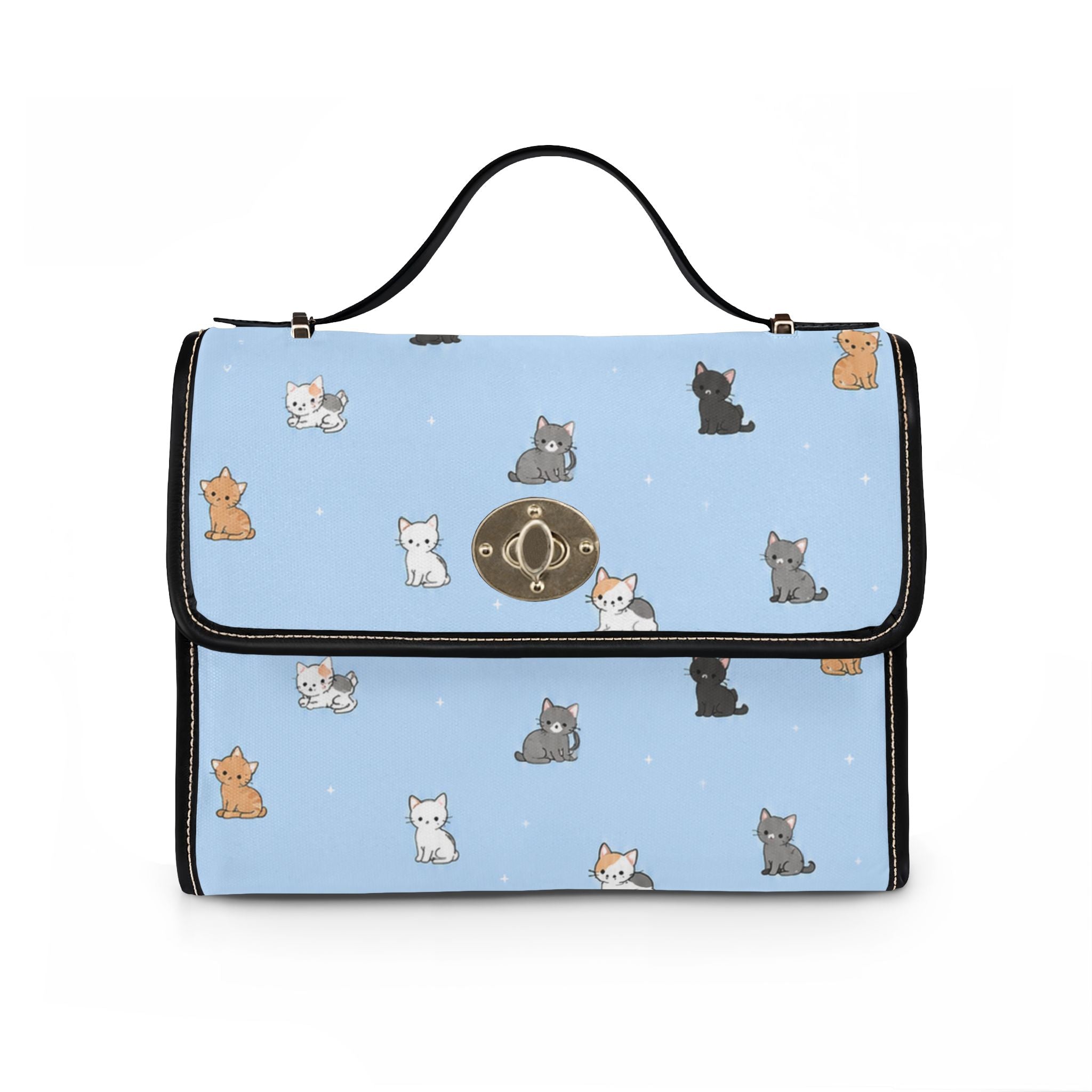 Cute Cat Pattern Waterproof Canvas Bag | Light Blue Cat Print Handbag