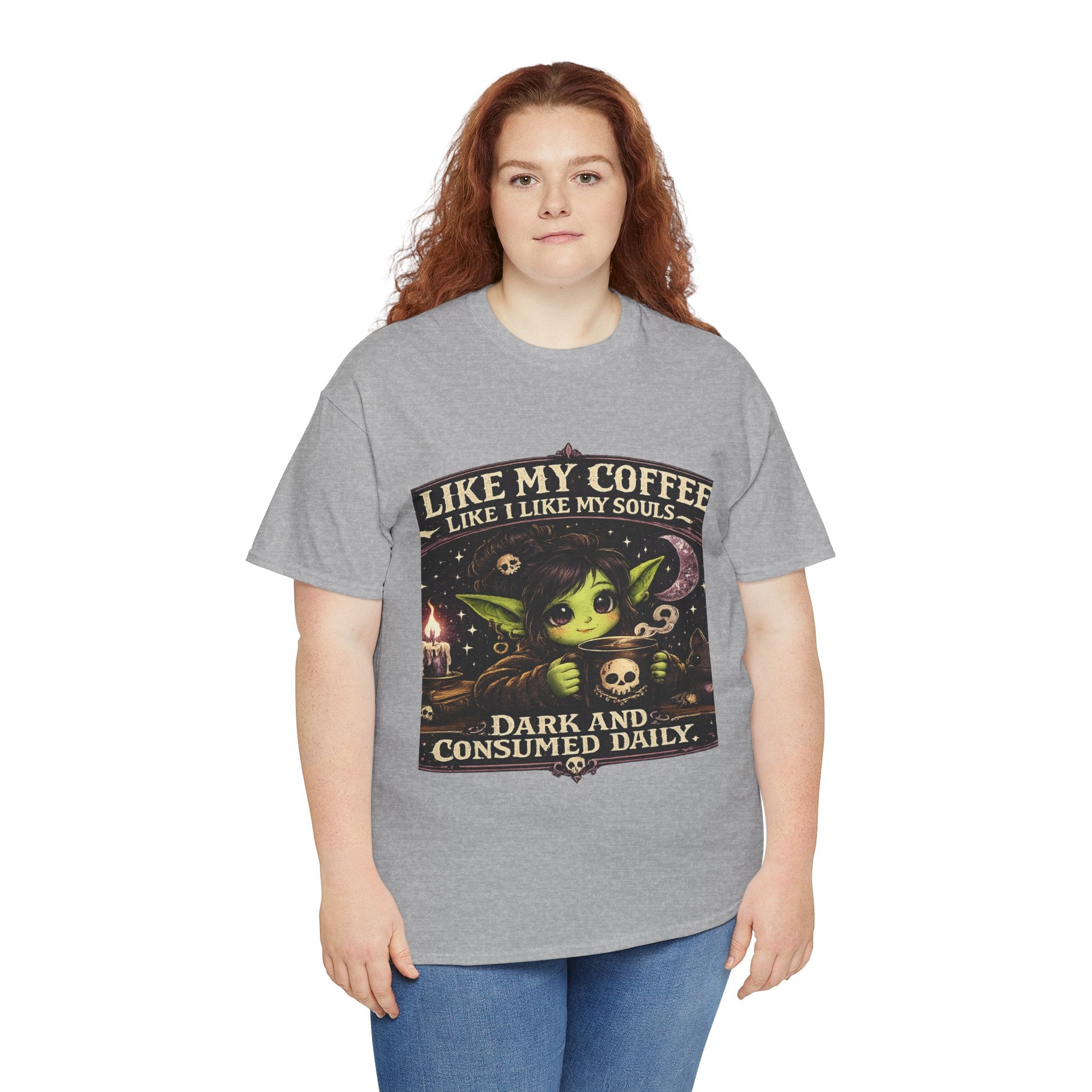 Like My Coffee Tee — "Like My Coffee Like I Like My Souls: Dark and Consumed Daily" Gothic Graphic T-Shirt
