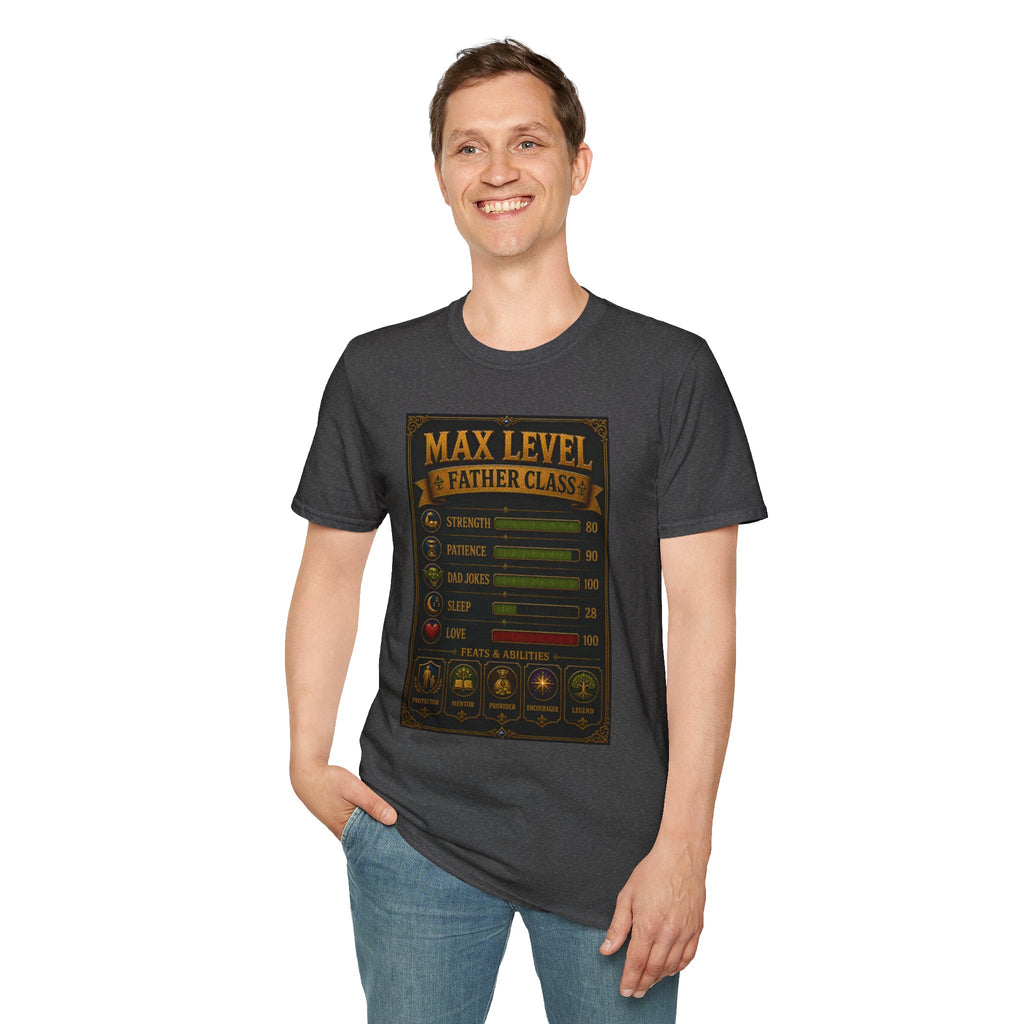 T-Shirt — "Max Level Father Class" Funny Gamer Dad Shirt (Strength, Patience, Dad Jokes)