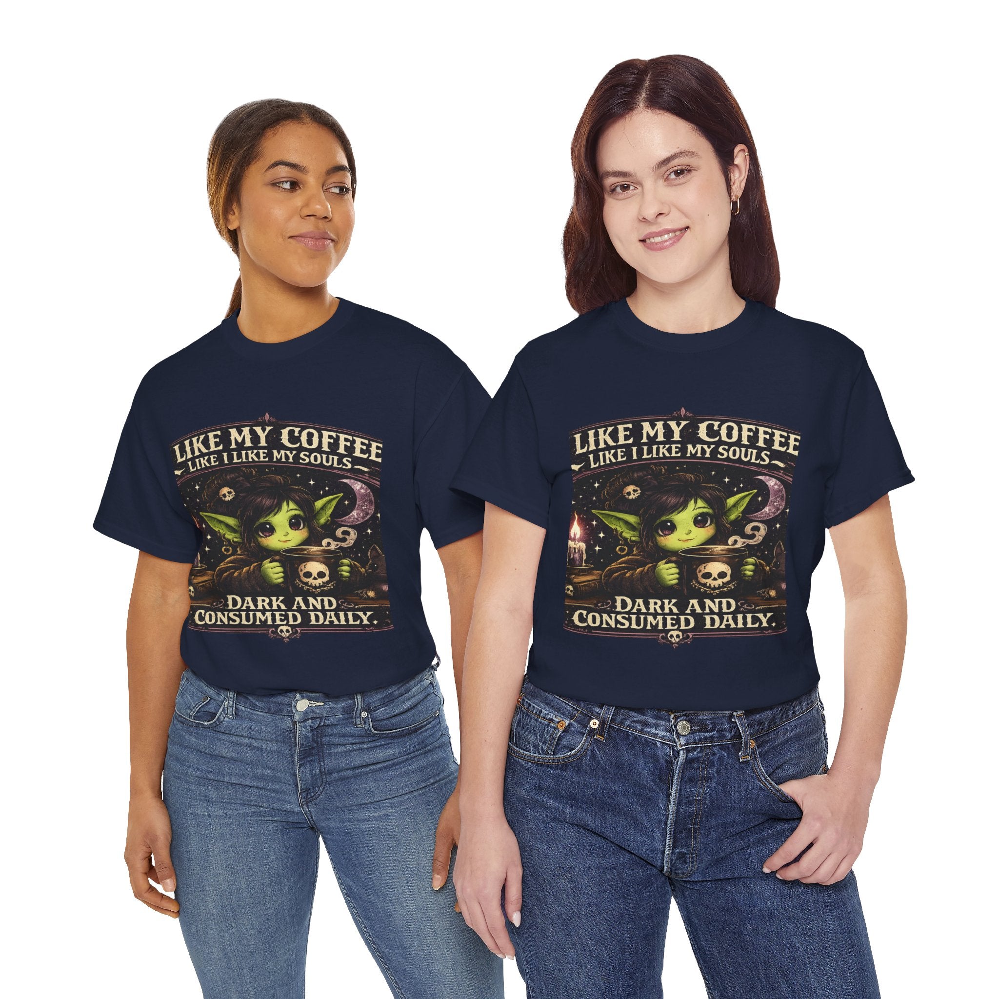 Like My Coffee Tee — "Like My Coffee Like I Like My Souls: Dark and Consumed Daily" Gothic Graphic T-Shirt