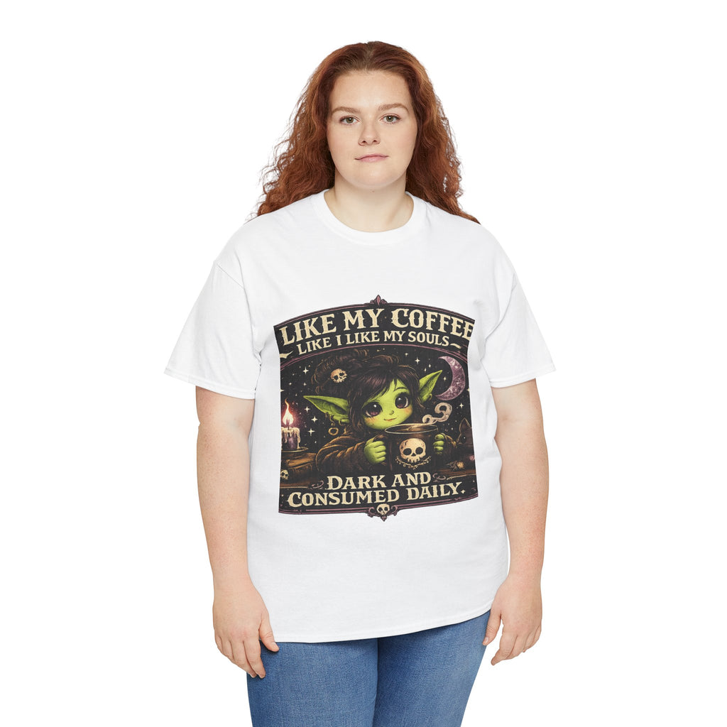 Like My Coffee Tee — "Like My Coffee Like I Like My Souls: Dark and Consumed Daily" Gothic Graphic T-Shirt