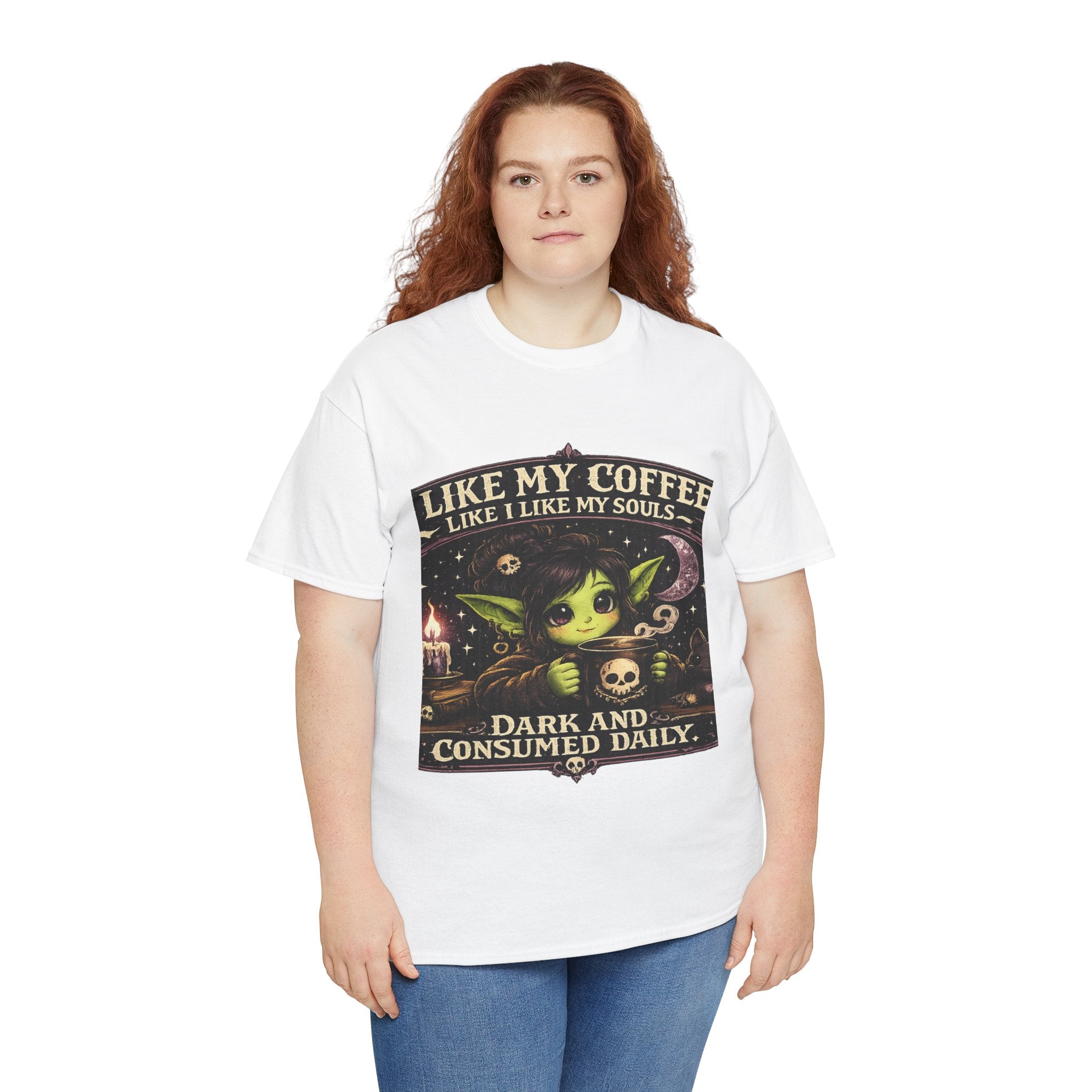 Like My Coffee Tee — "Like My Coffee Like I Like My Souls: Dark and Consumed Daily" Gothic Graphic T-Shirt