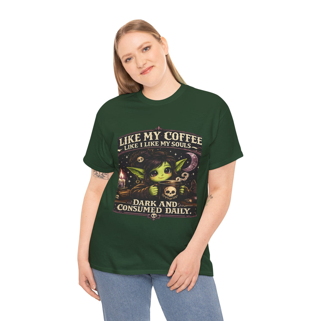 Like My Coffee Tee — "Like My Coffee Like I Like My Souls: Dark and Consumed Daily" Gothic Graphic T-Shirt