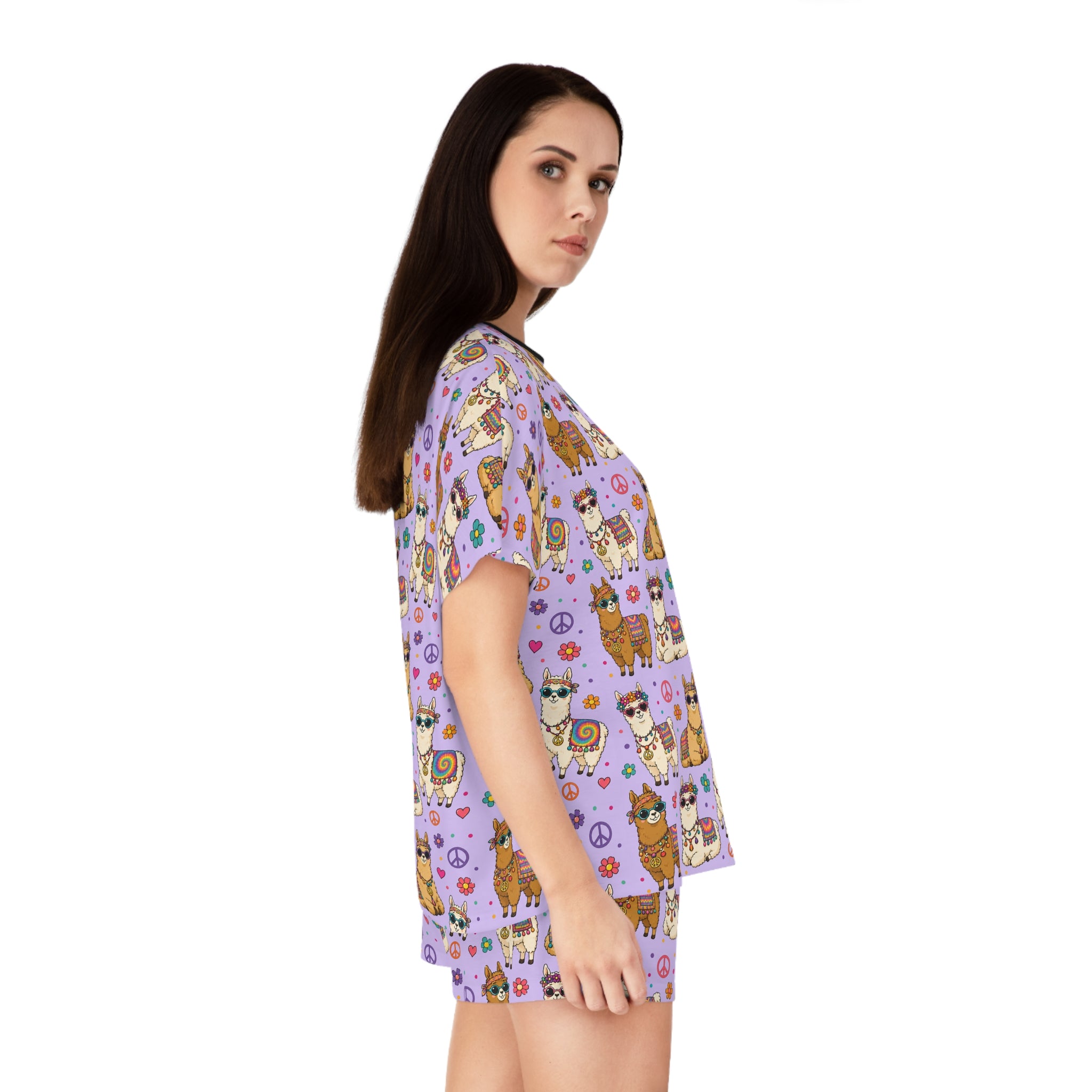 Llama Party Women’s Short Pajama Set — Cute Purple All-Over Print Sleepwear