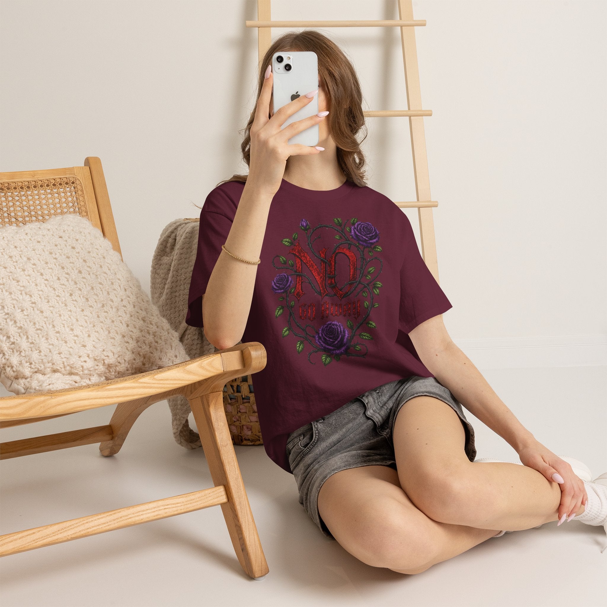 No Go Away T-Shirt | Gothic Purple Roses, Dark Floral Typography