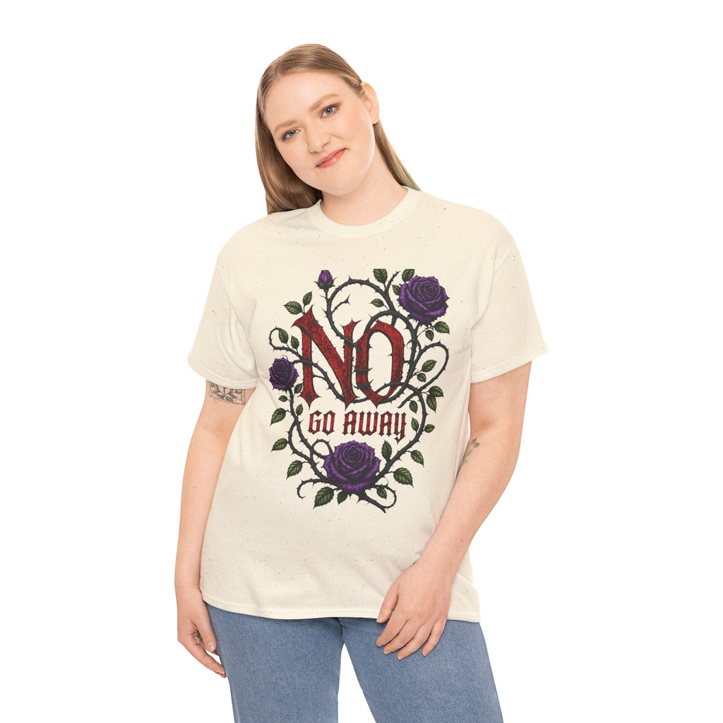 No Go Away T-Shirt | Gothic Purple Roses, Dark Floral Typography