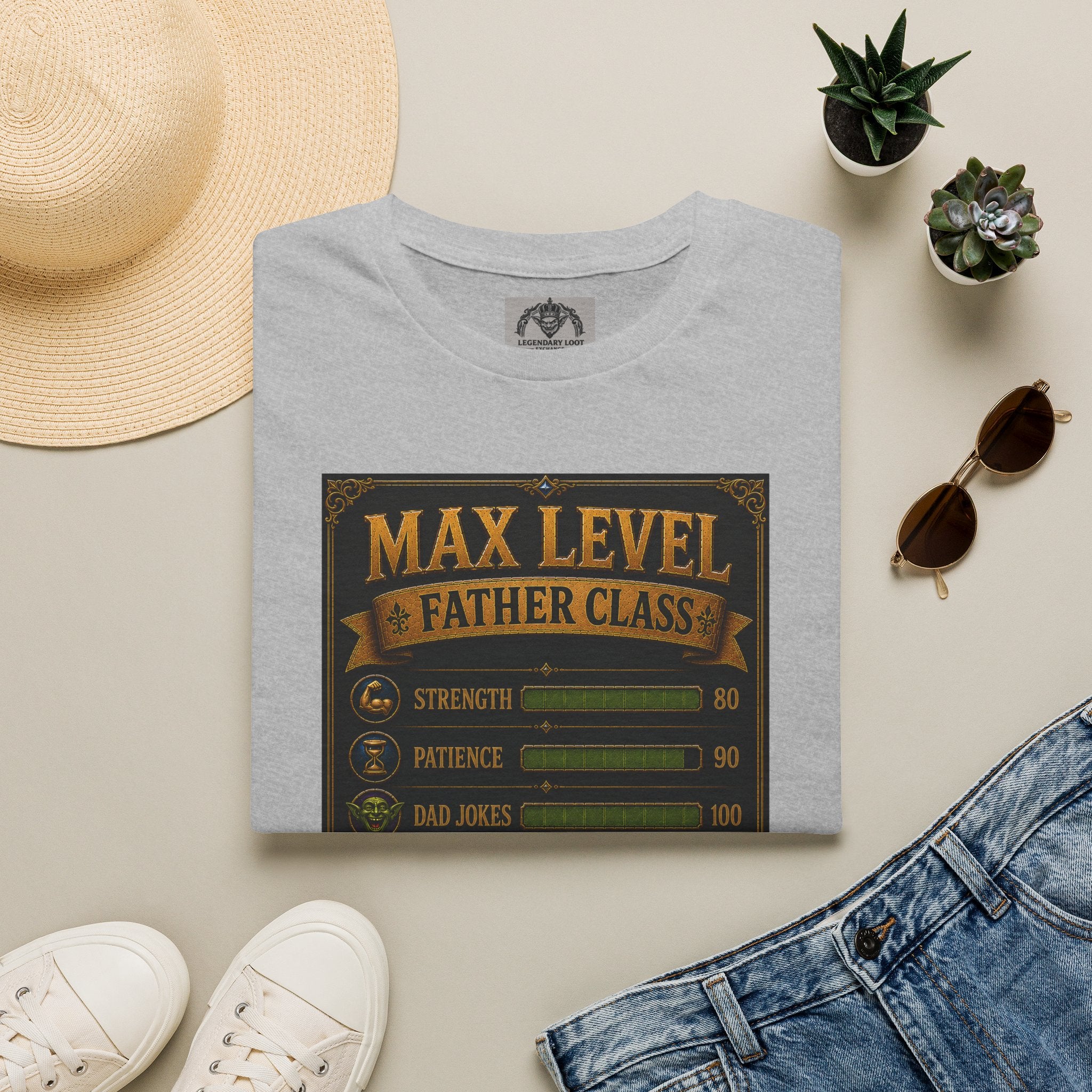 T-Shirt — "Max Level Father Class" Funny Gamer Dad Shirt (Strength, Patience, Dad Jokes)