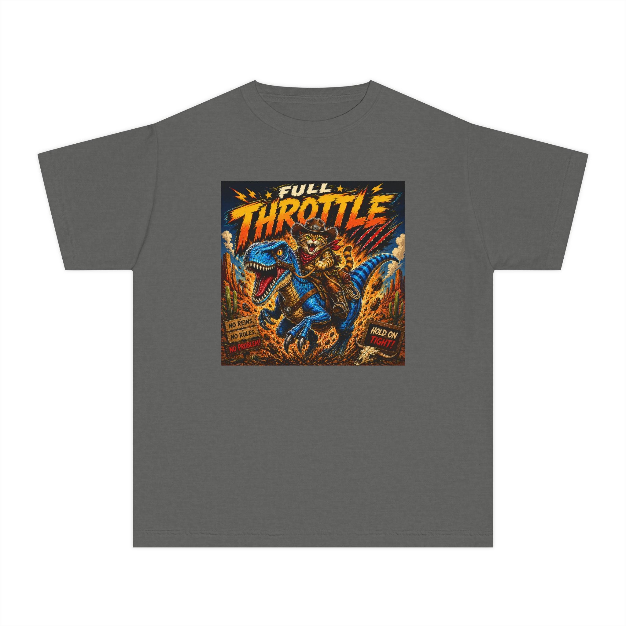 Full Throttle Kids Shirt | Cowboy Riding Dinosaur Tee | Retro Raptor Youth Shirt
