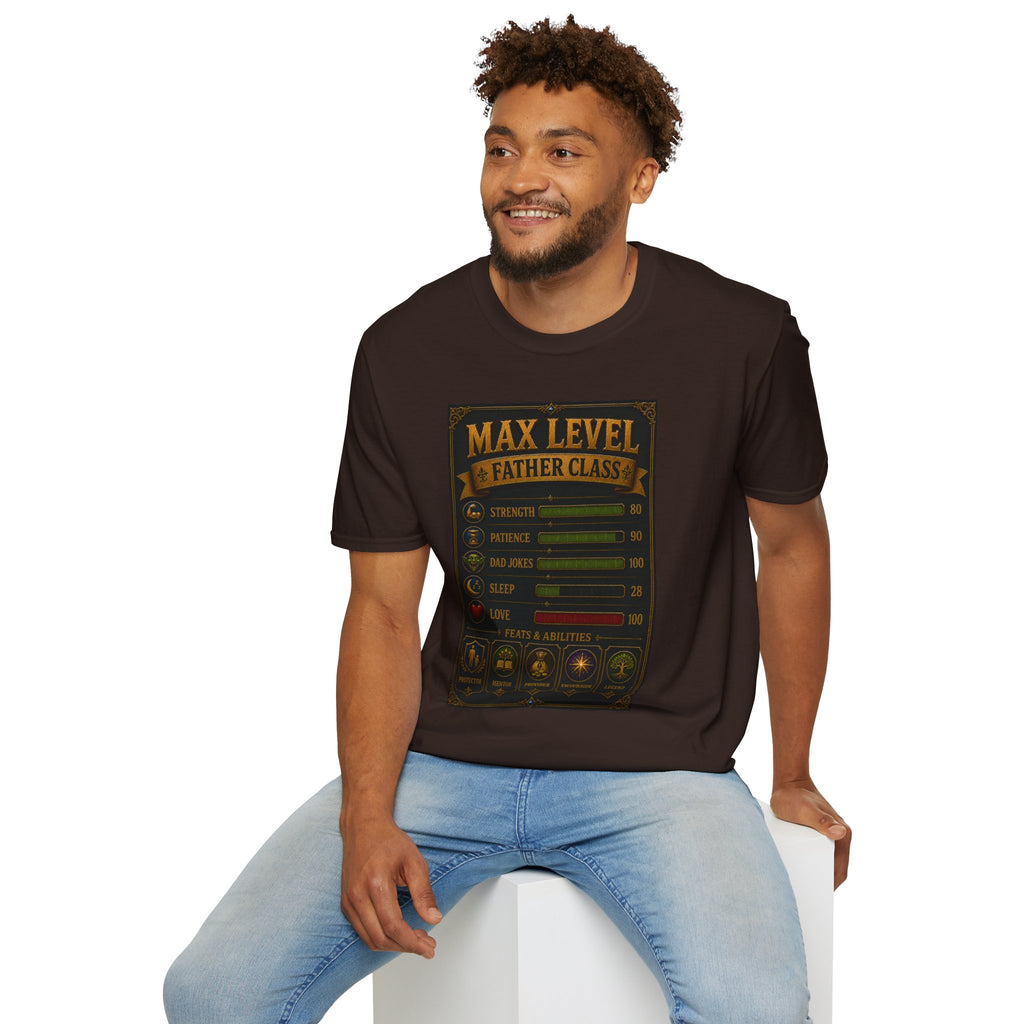 T-Shirt — "Max Level Father Class" Funny Gamer Dad Shirt (Strength, Patience, Dad Jokes)