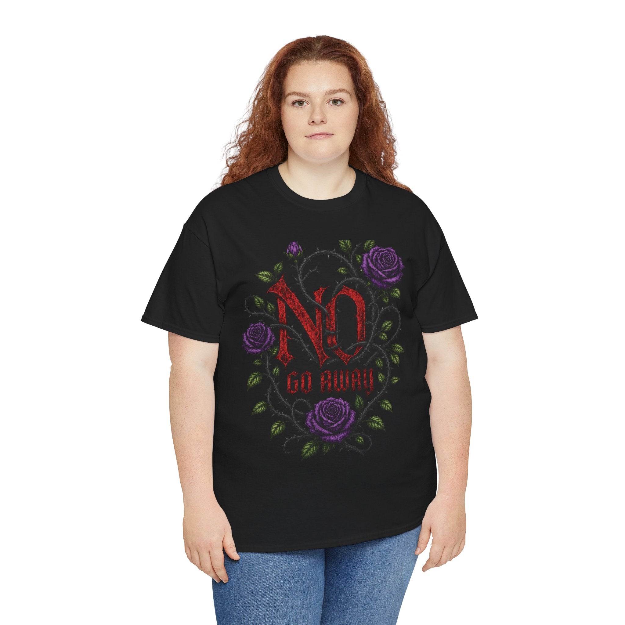 No Go Away T-Shirt | Gothic Purple Roses, Dark Floral Typography