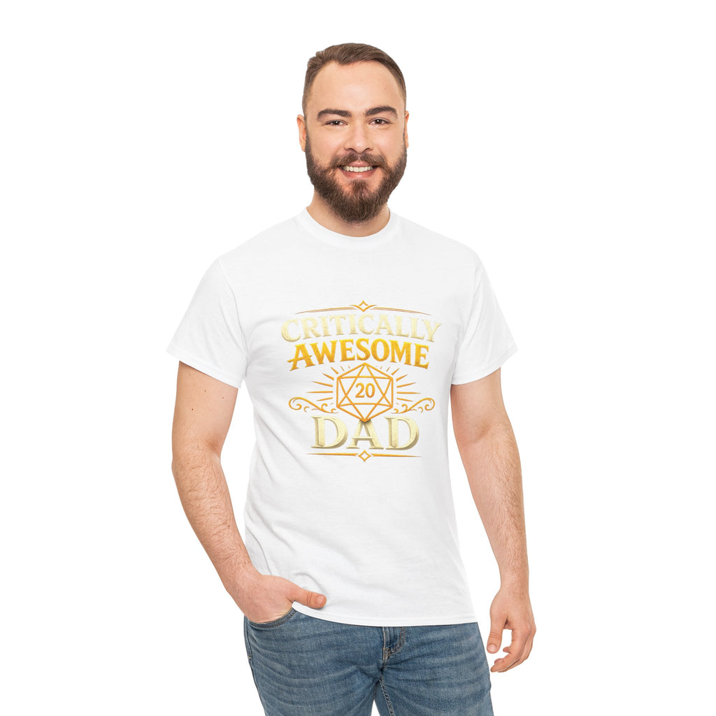 Critically Awesome Dad T‑Shirt – Gold D20 Gaming Father Tee (Father’s Day, Gamer Dad Gift)