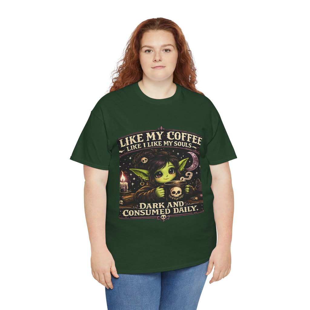 Like My Coffee Tee — "Like My Coffee Like I Like My Souls: Dark and Consumed Daily" Gothic Graphic T-Shirt