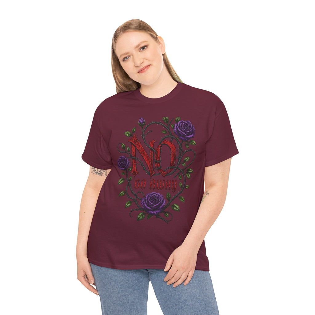 No Go Away T-Shirt | Gothic Purple Roses, Dark Floral Typography