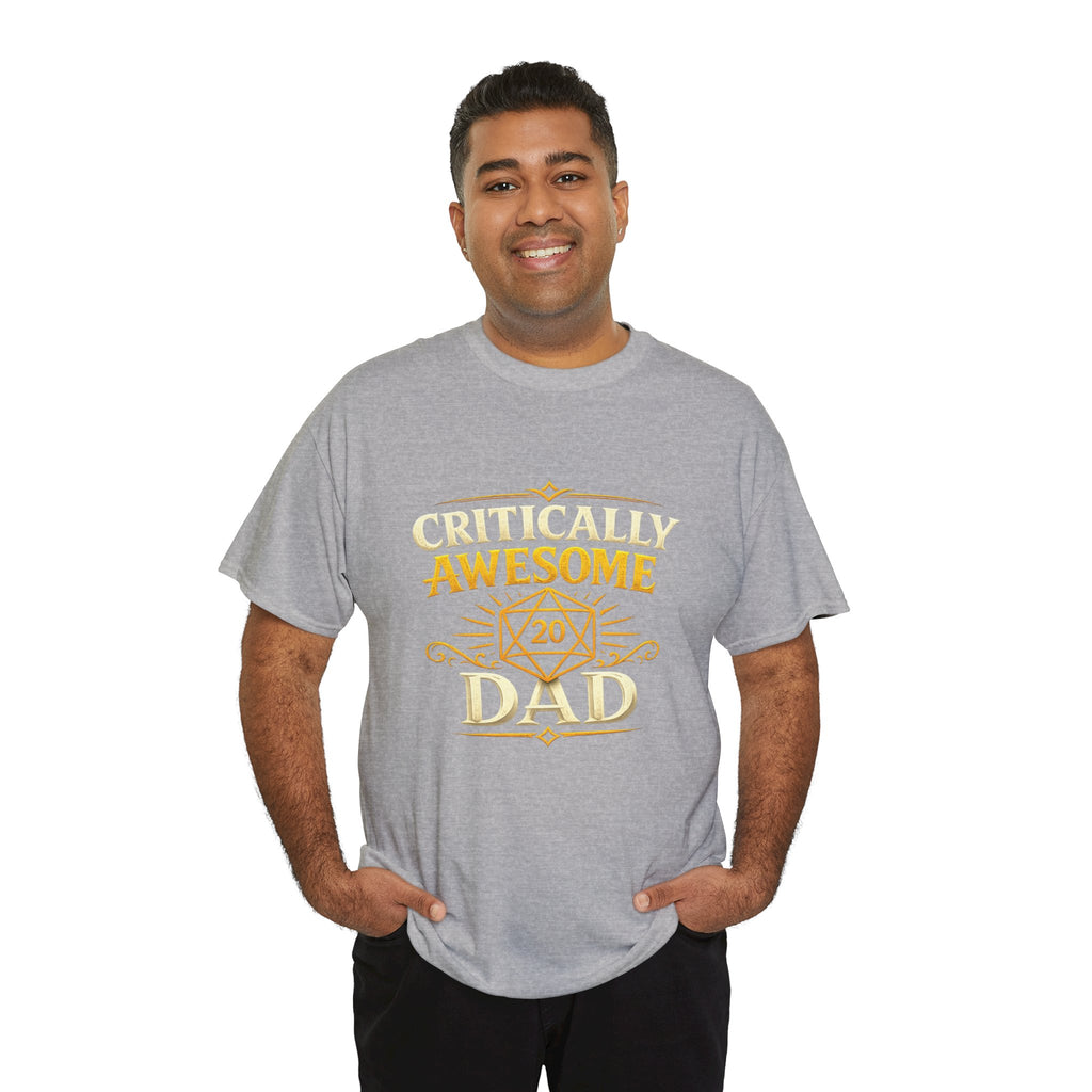 Critically Awesome Dad T‑Shirt – Gold D20 Gaming Father Tee (Father’s Day, Gamer Dad Gift)