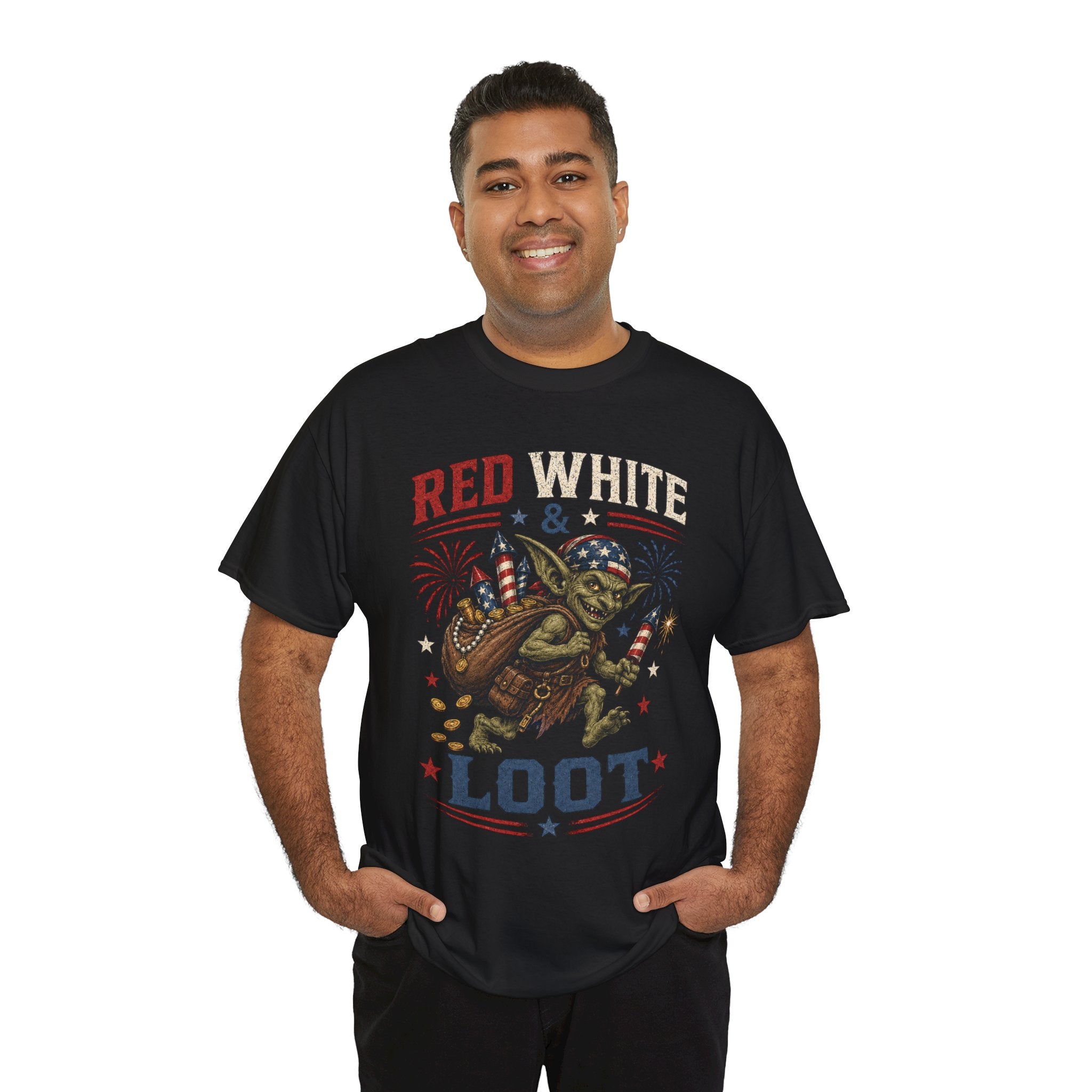 Red White & Loot Goblin Illustration Tee | Patriotic Fourth of July Shirt