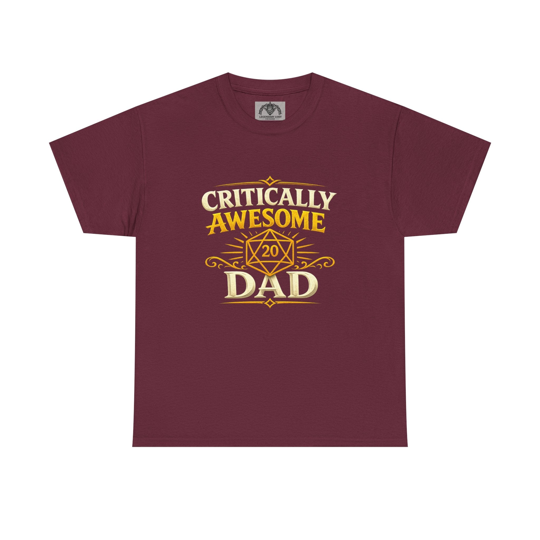 Critically Awesome Dad T‑Shirt – Gold D20 Gaming Father Tee (Father’s Day, Gamer Dad Gift)