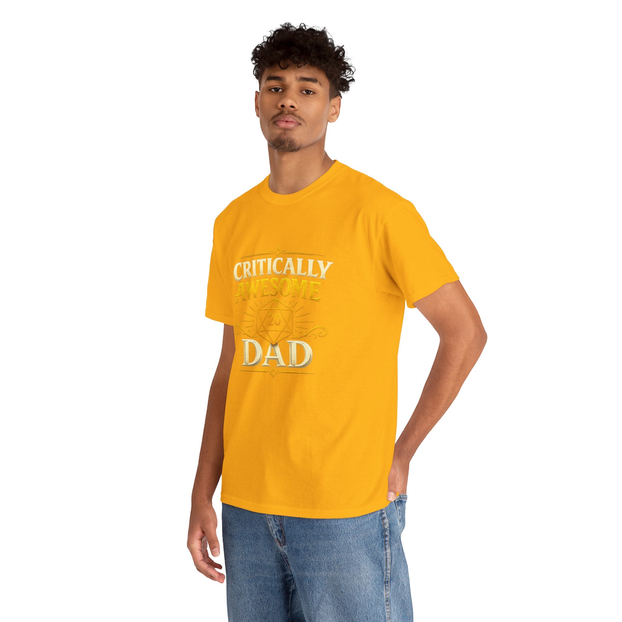 Critically Awesome Dad T‑Shirt – Gold D20 Gaming Father Tee (Father’s Day, Gamer Dad Gift)